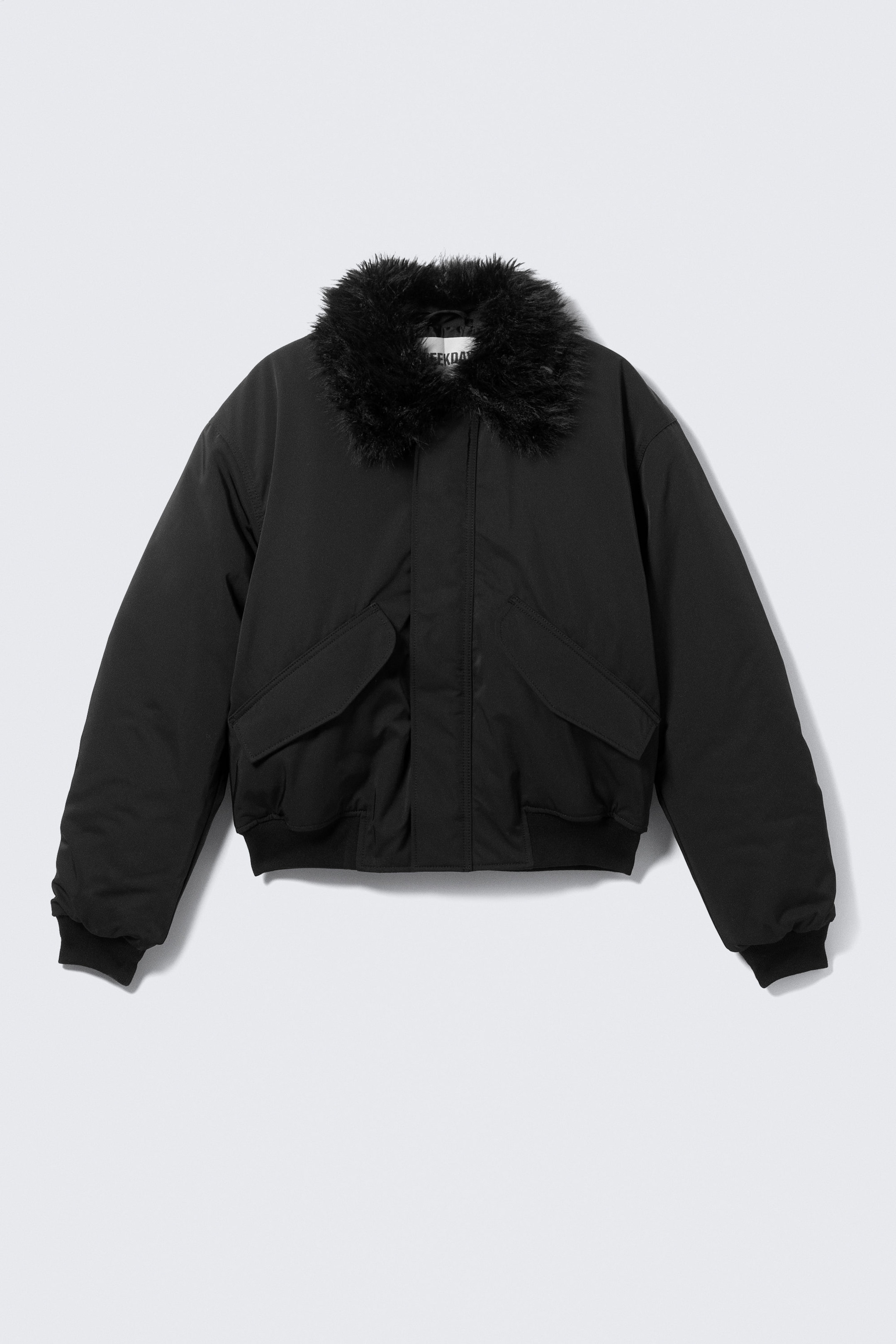 Black - Loose Bomber Jacket with Faux-Fur Collar - 5