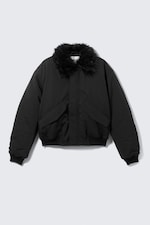 Black - Loose Bomber Jacket with Faux-Fur Collar - 5