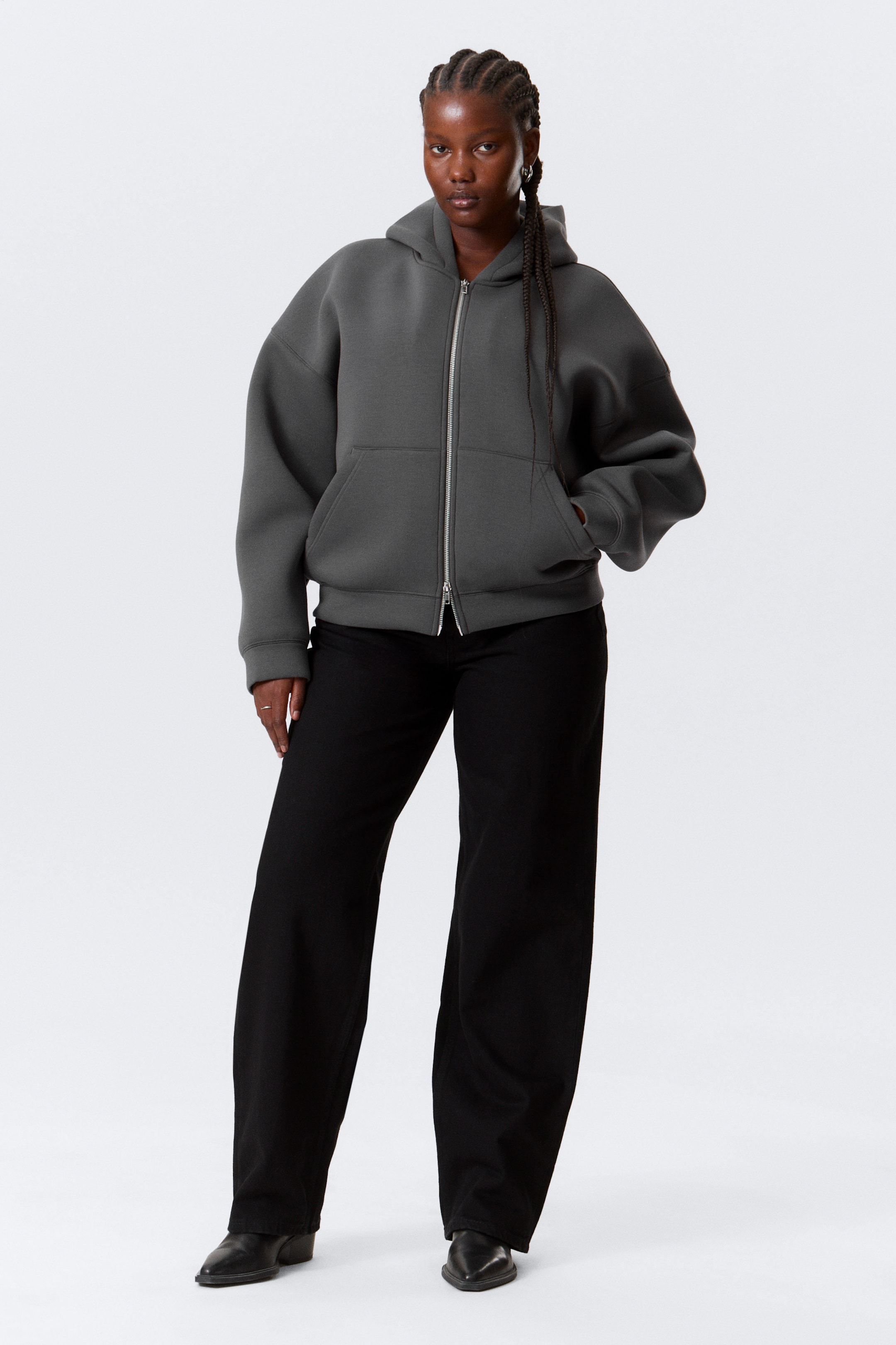 Gris foncé - Sweat à capuche zippé oversize en scuba - 2