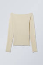 Light Beige - Sheer Boatneck Long Sleeve - 0