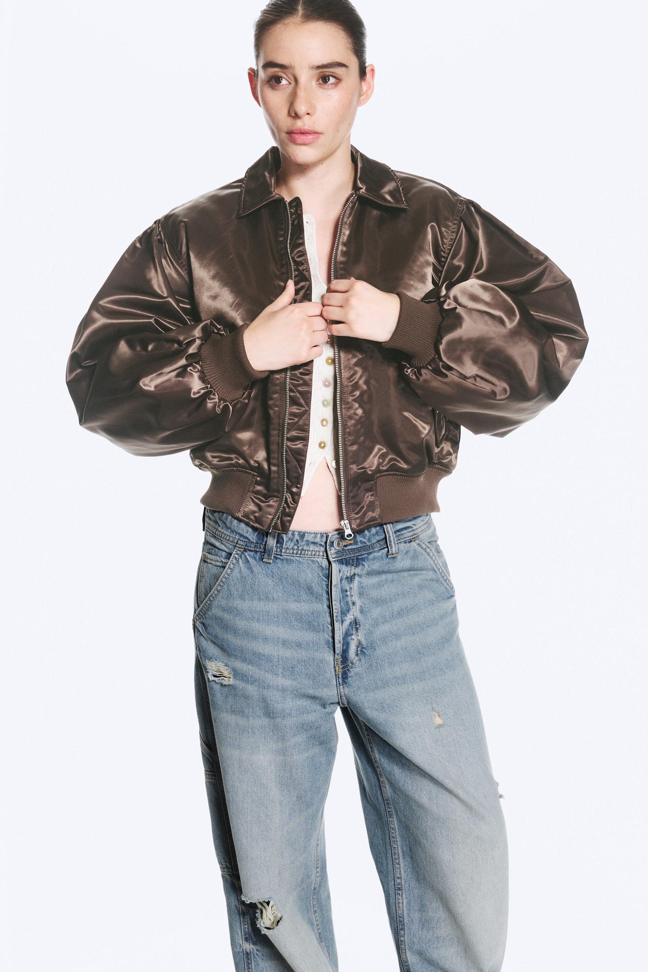 Dark Brown - YULIA B LOOSE NYLON BOMBER JACKET - 2
