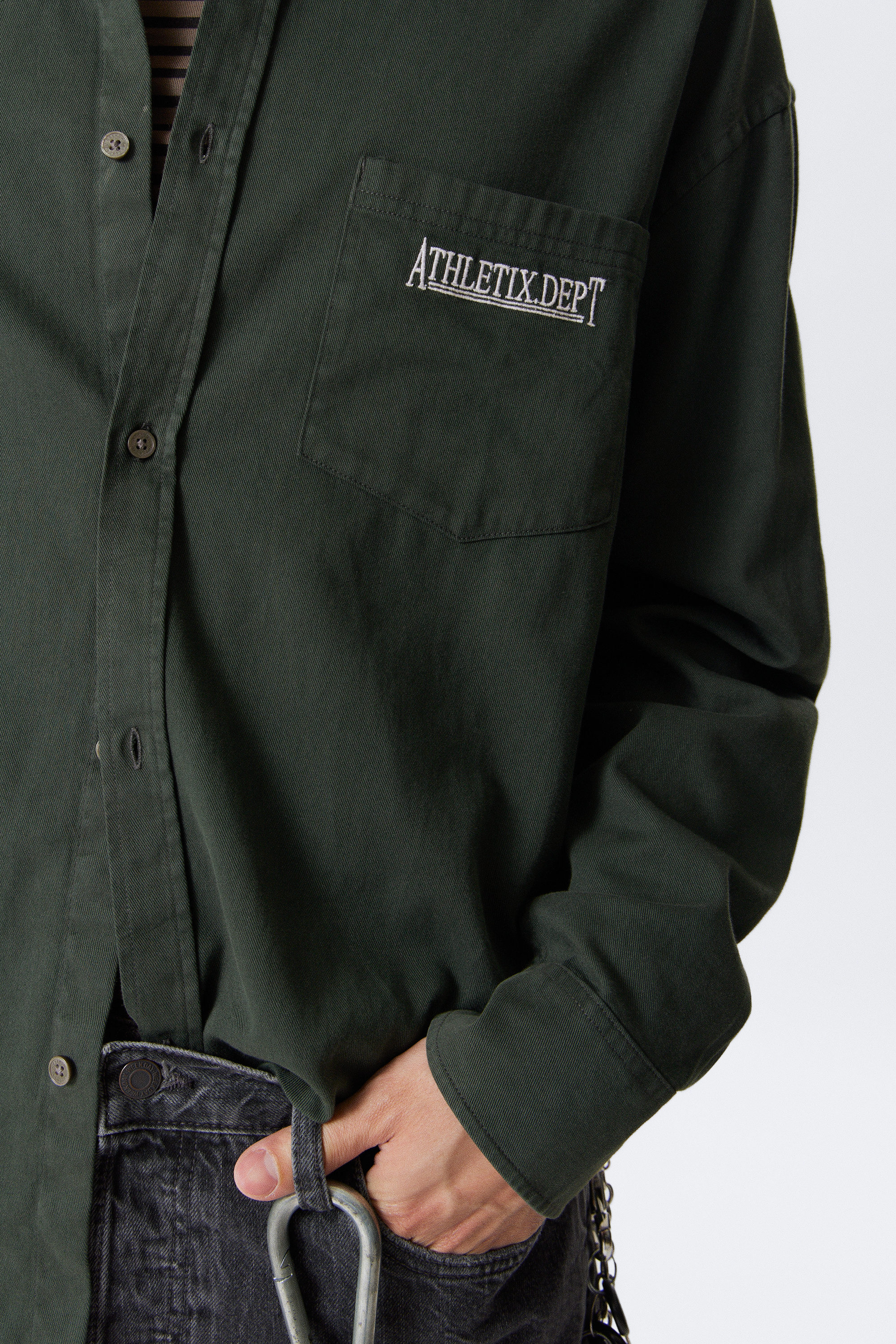 Dark Green - Embroidered Oversized Cotton Shirt - 3
