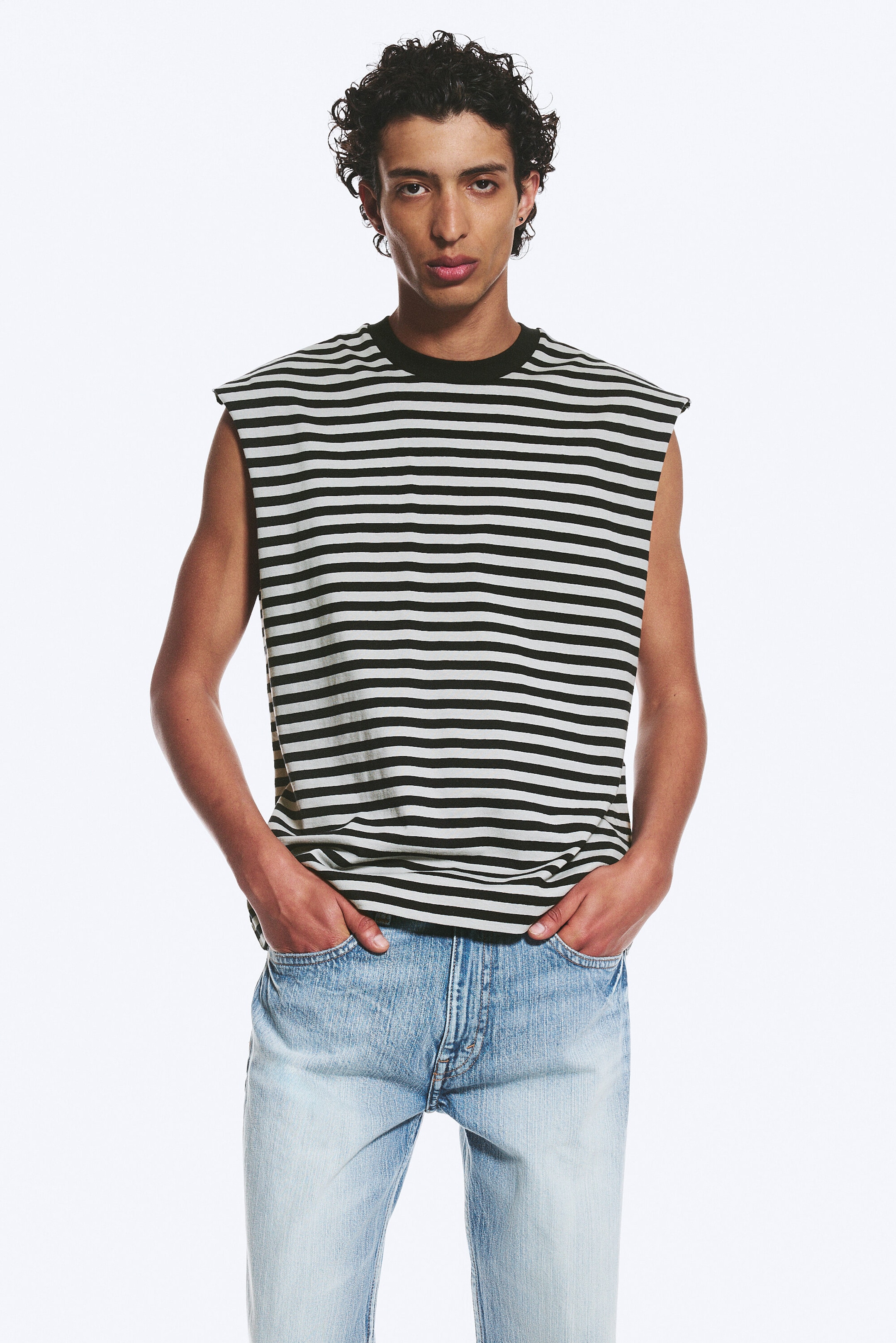 Grau/Schwarz gestreift - Lockeres, quadratisches Baumwoll-Tanktop - 1