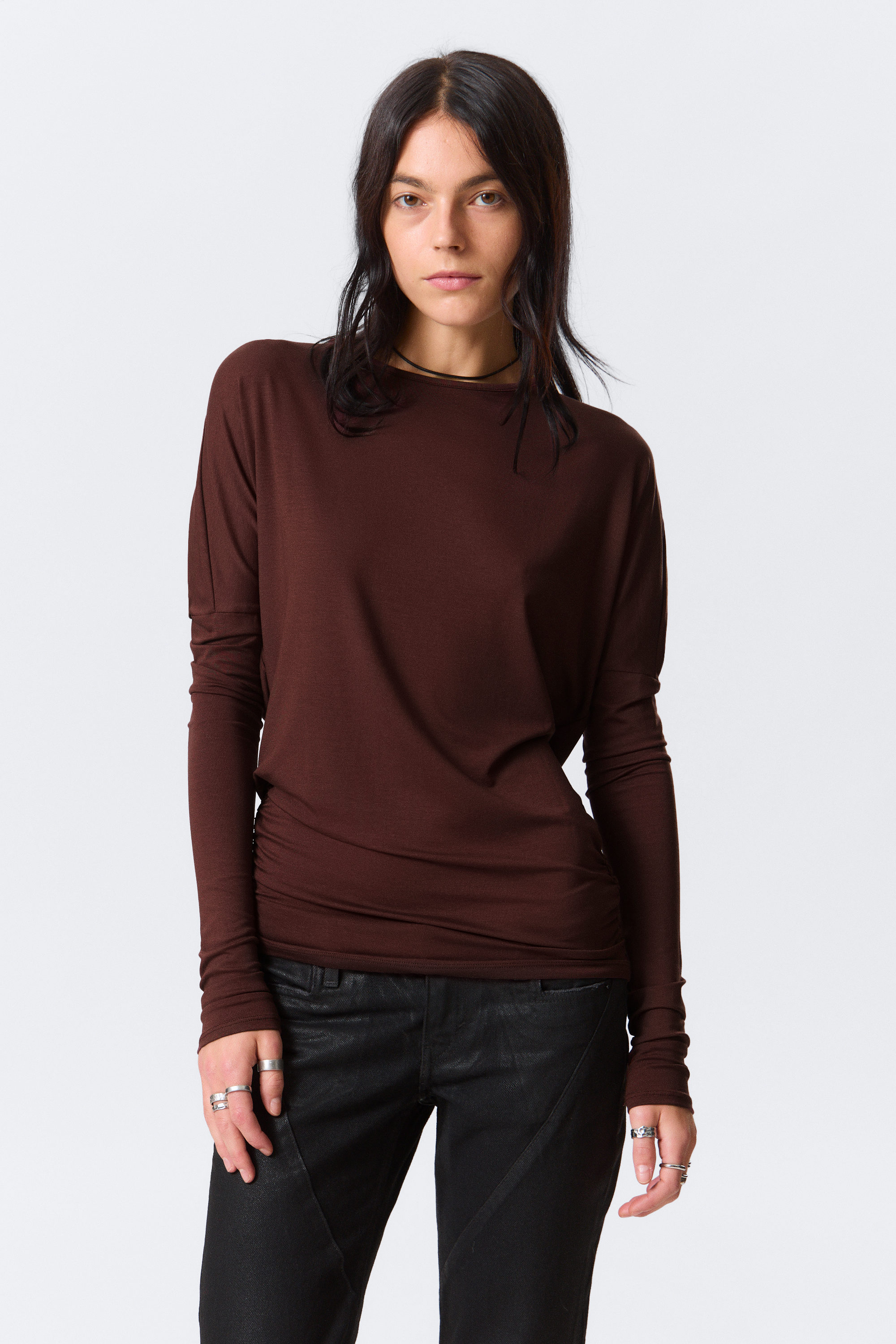 Burgundy - Raglan-Sleeved Draped Back Top - 1