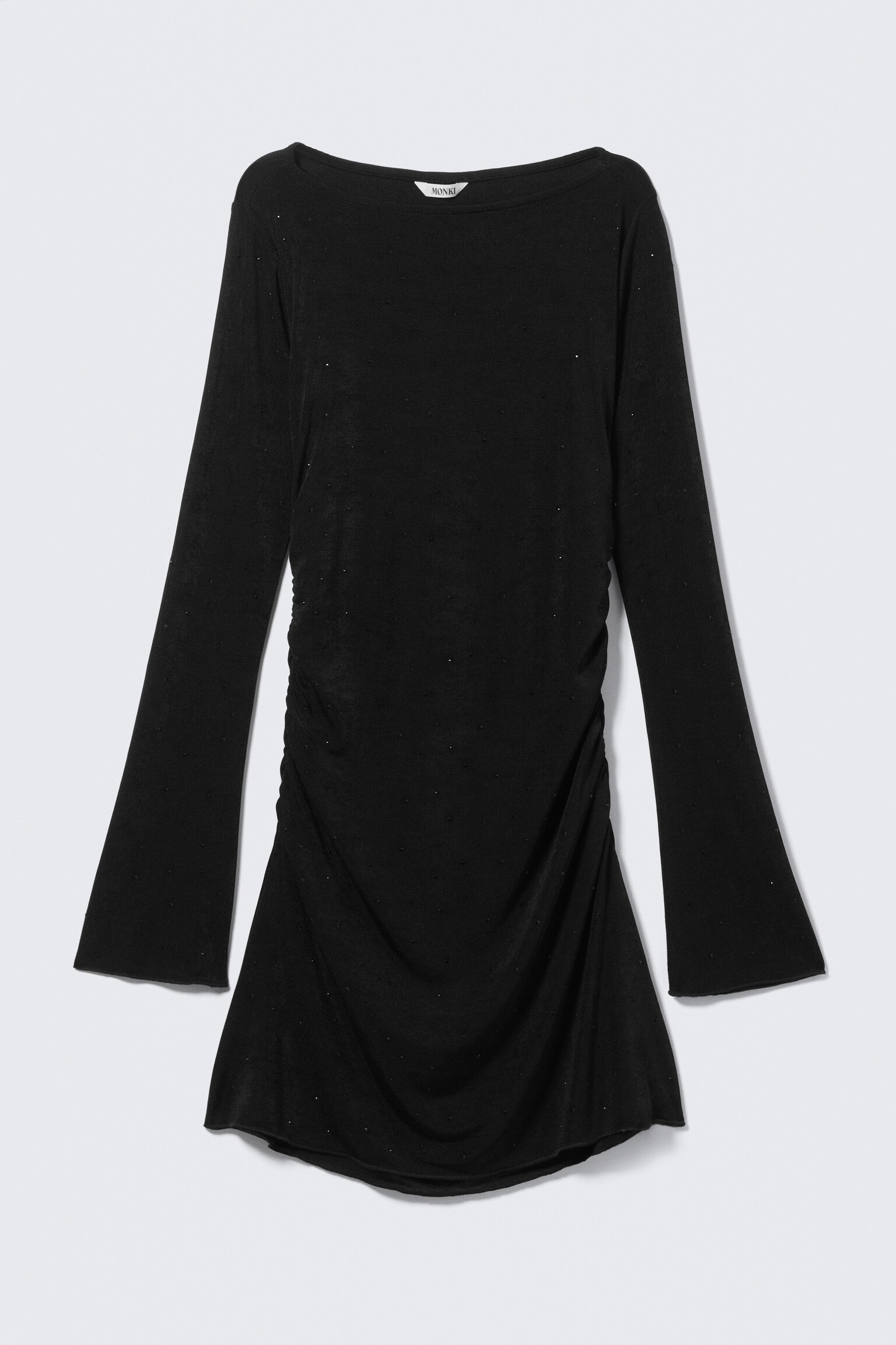 Gathered Long-Sleeved Boat-Neck Mini Dress - Black - Rhinestones - 2
