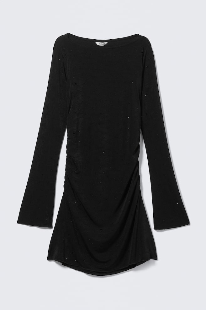 Robe courte à encolure bateau et manches longues froncées - Noir - Strass - 1