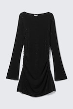 Black - Rhinestones - Gathered Long-Sleeved Boat-Neck Mini Dress - 4