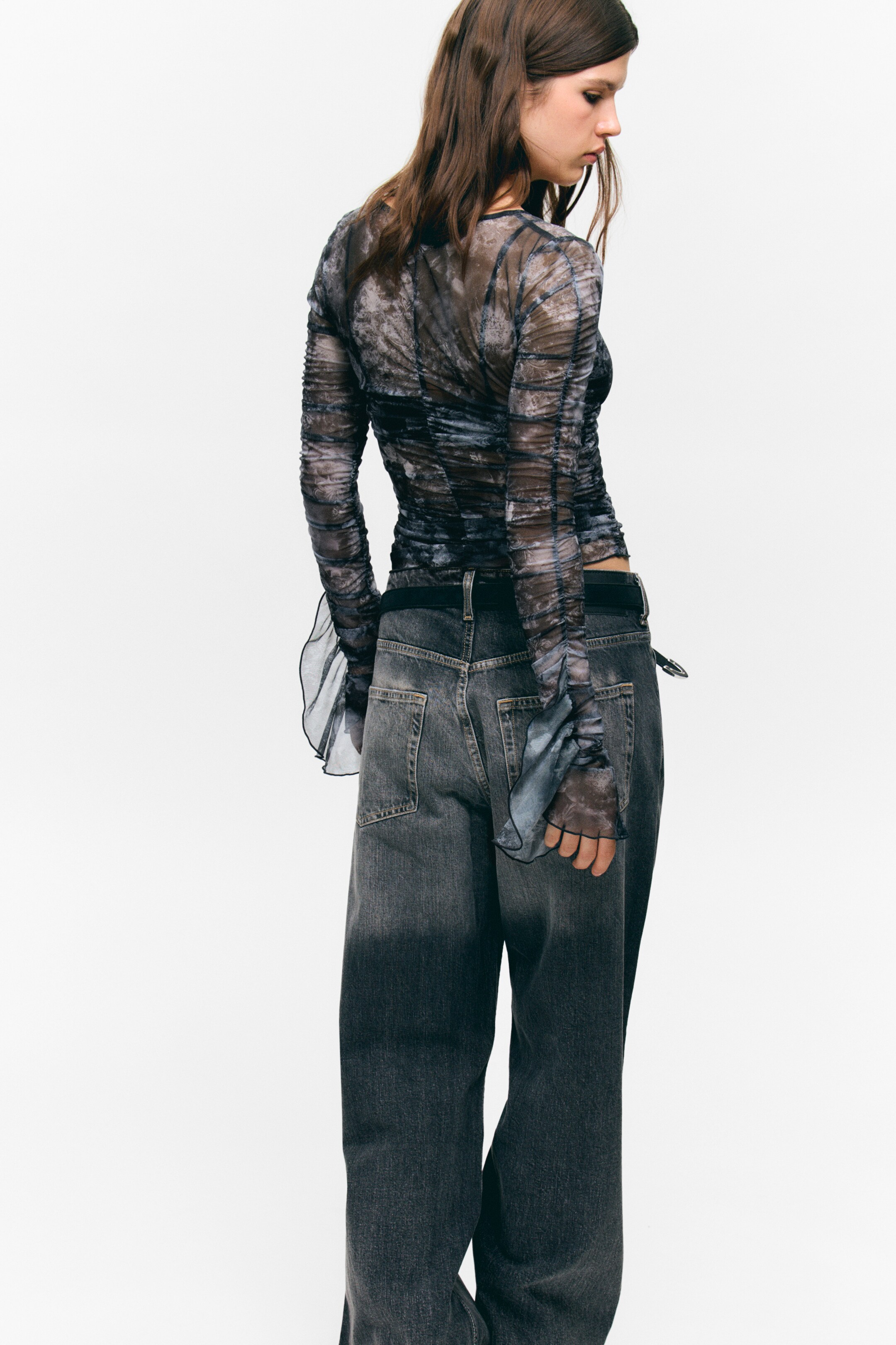 Ingrandisci l'immagine: Sheer Gathered Mesh Top - Black Baroque Print - DONNA | H&M CH 3