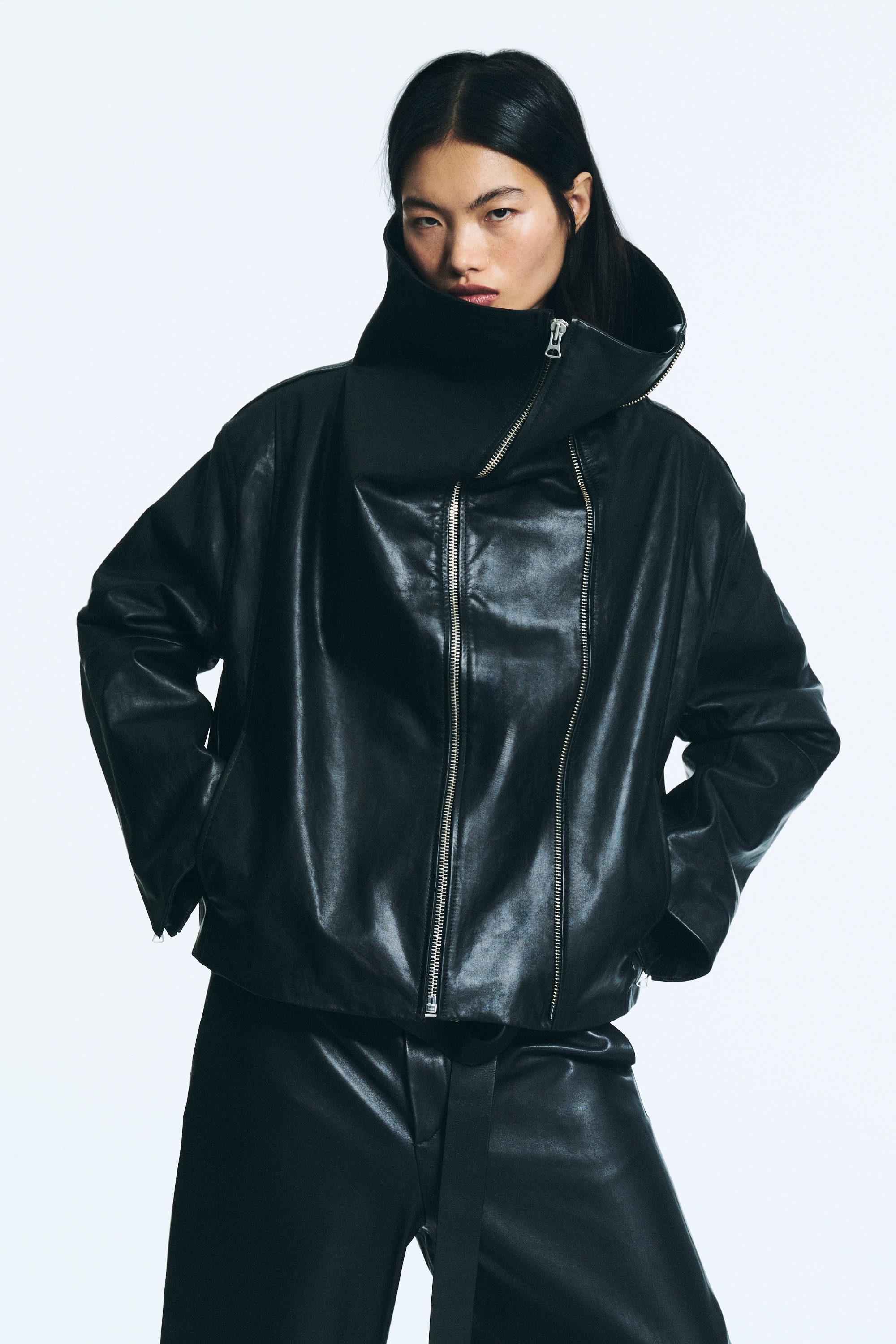 Black - High Collar Leather Jacket - 2