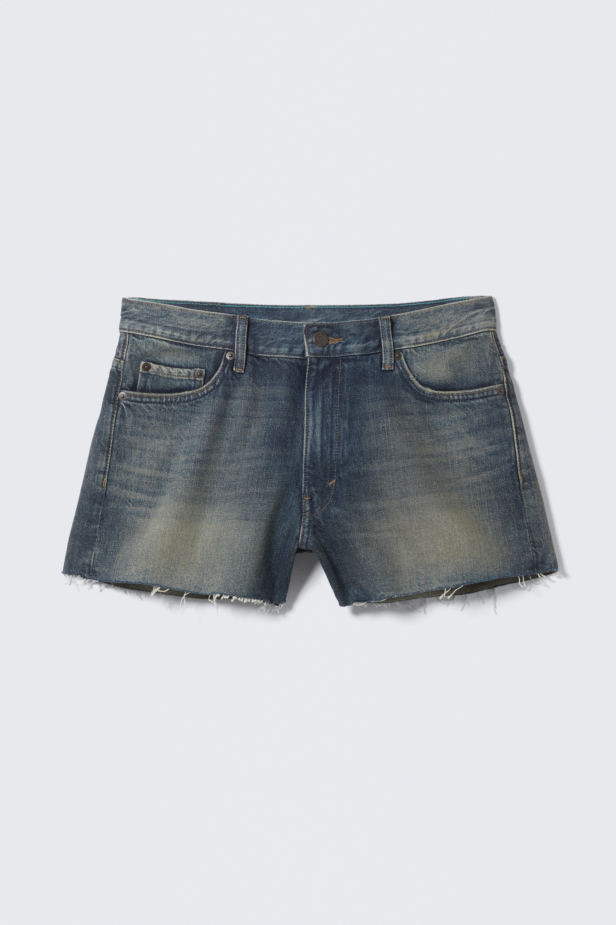 Lavtaljede Duchess minishorts i slidt denim - Baltic Blue – mørkeblå/Black Rinse - Black