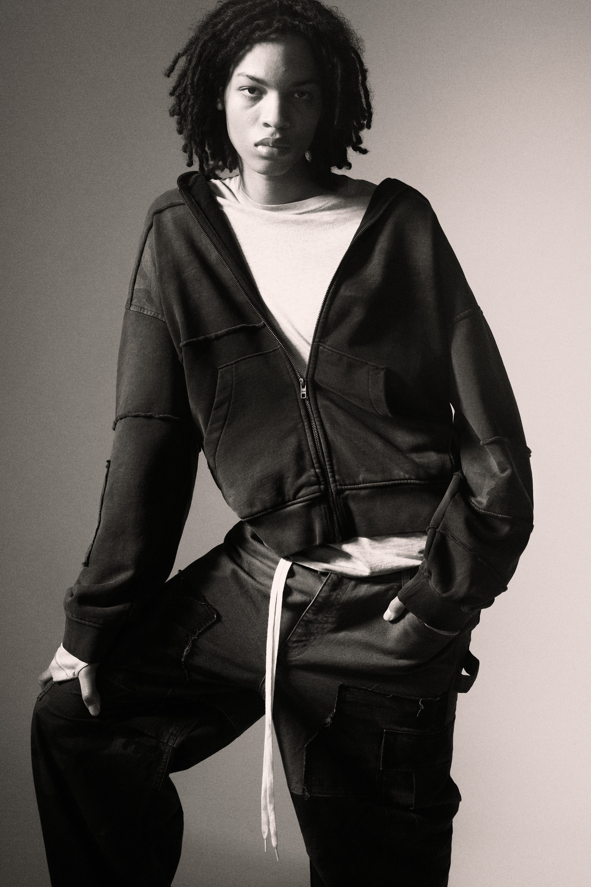 Washed Dark Blue - Washed Patchwork Zip Hoodie - 1