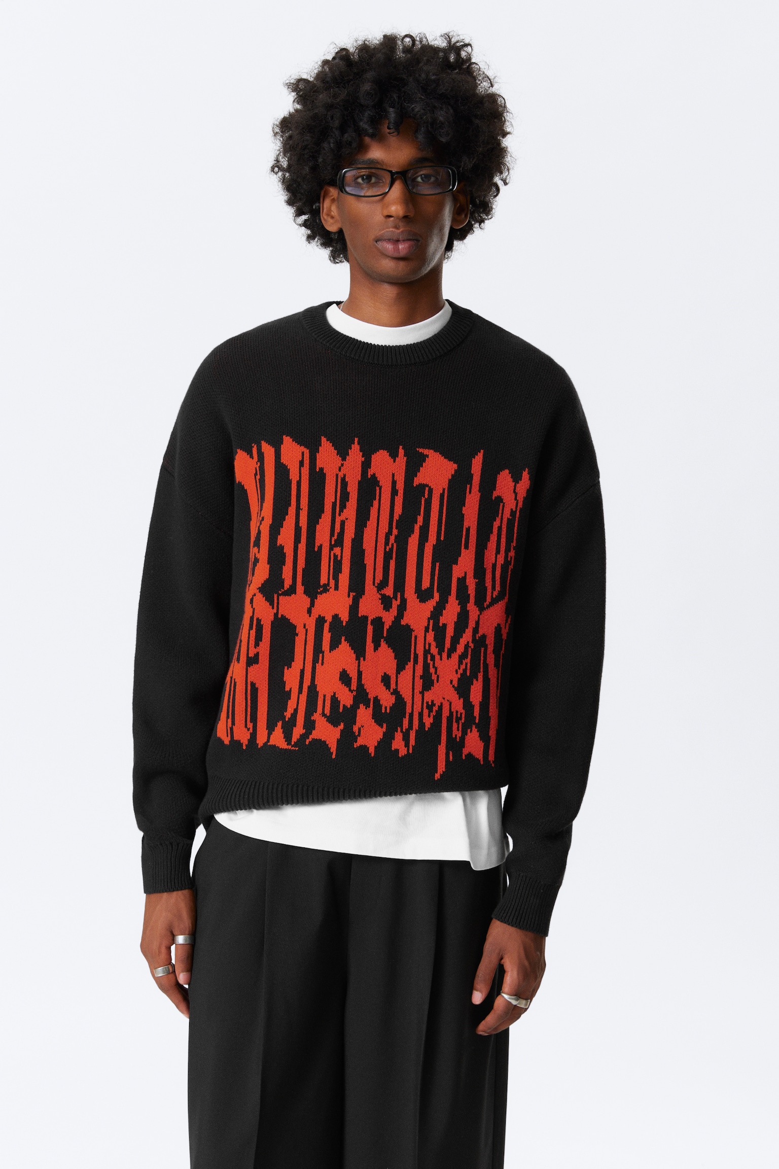 Oversized Graphic Cotton Knit Sweater - Čierna - 5