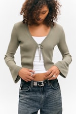 Khaki Green - Ribbed Tie-Front Cardigan - 1