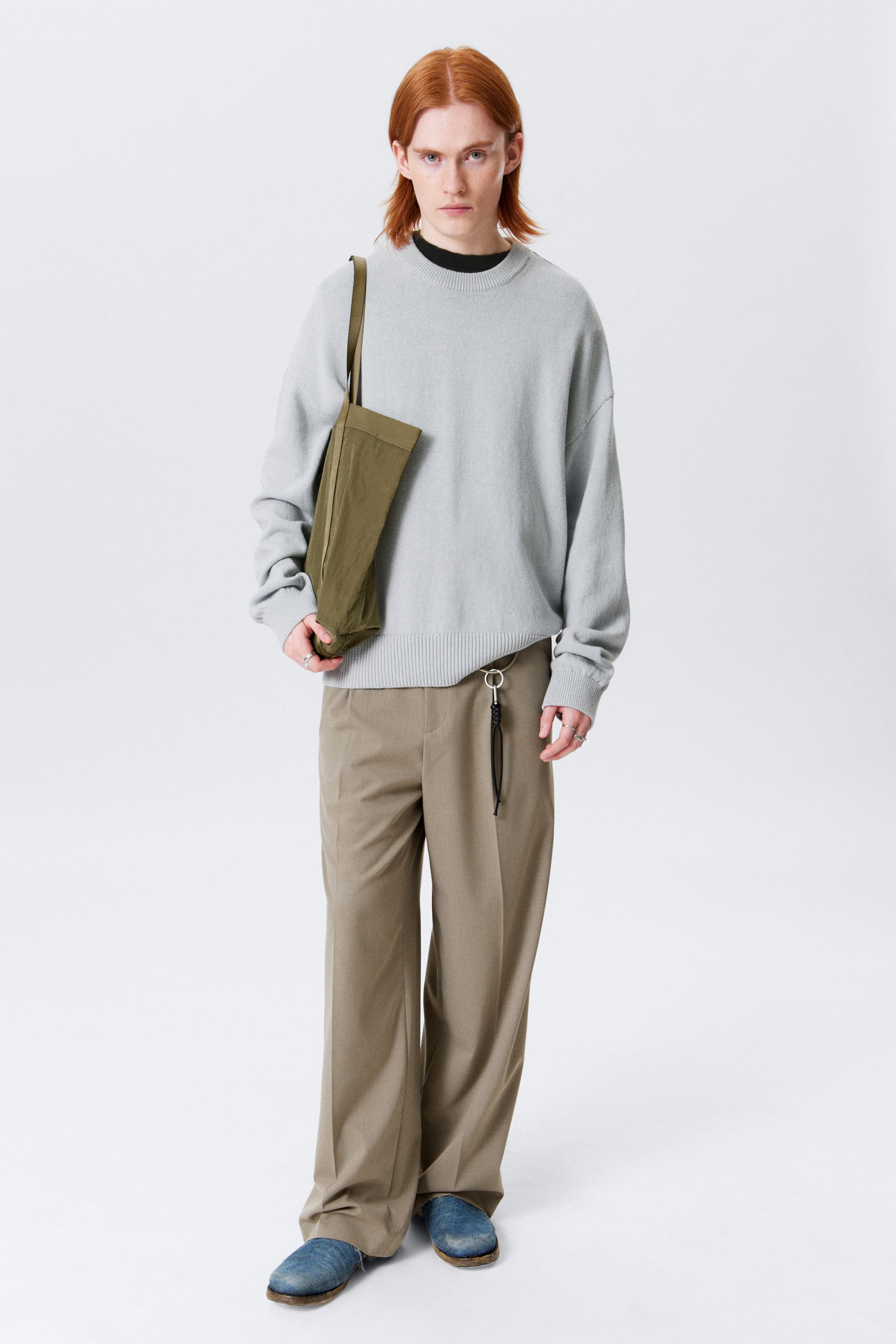 Light Dusty Blue - Knitted Oversized Boxy Cotton Sweater - 2