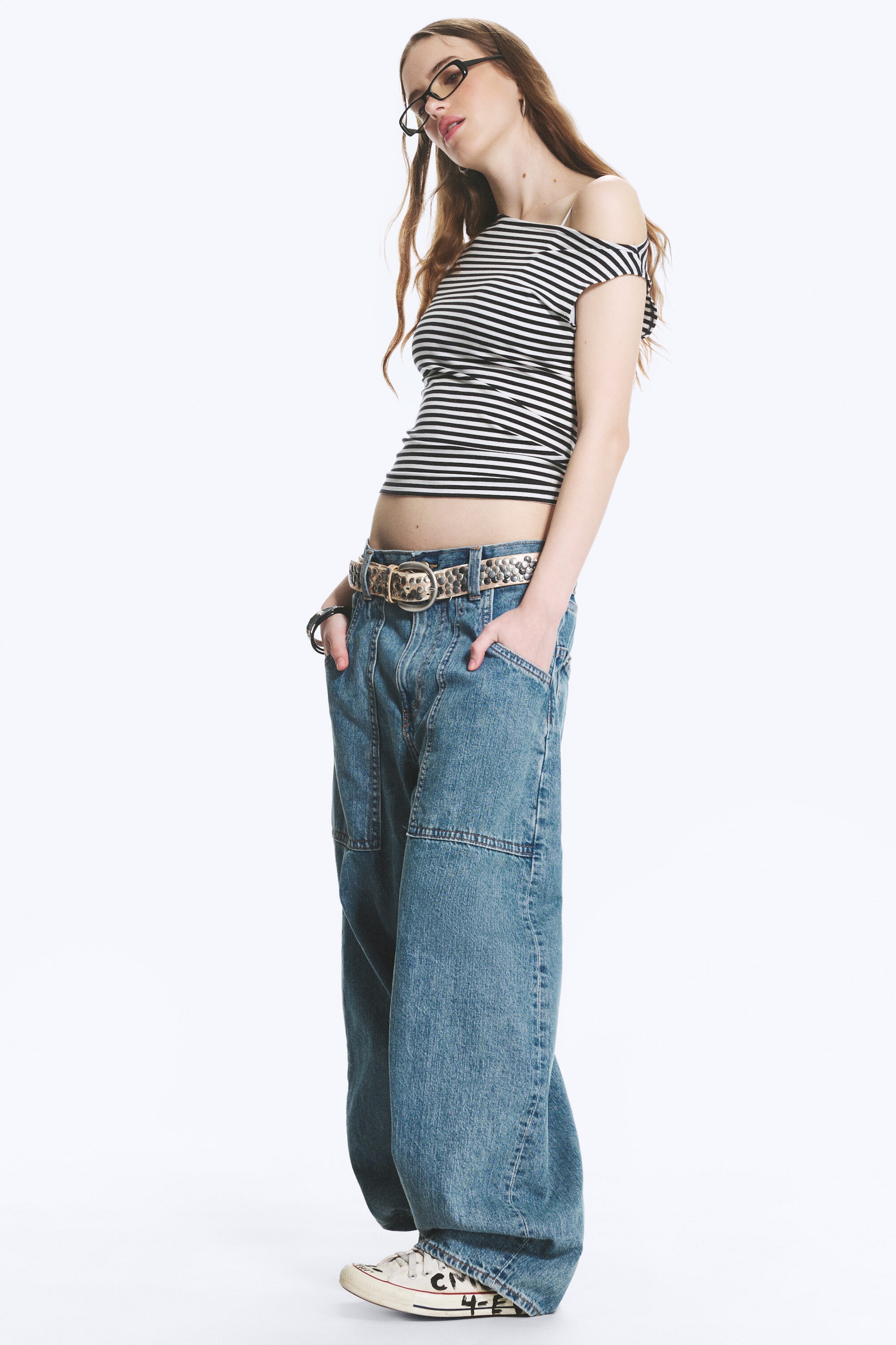 90s Blue – middels blå - Dunno unisex løs Barrel-jeans med lavt liv - 7