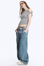 90s Blue – middels blå - Dunno unisex løs Barrel-jeans med lavt liv - 7