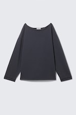 Donkerblauw - Ruimvallende off-shoulder pyjamatop van badstof - 3