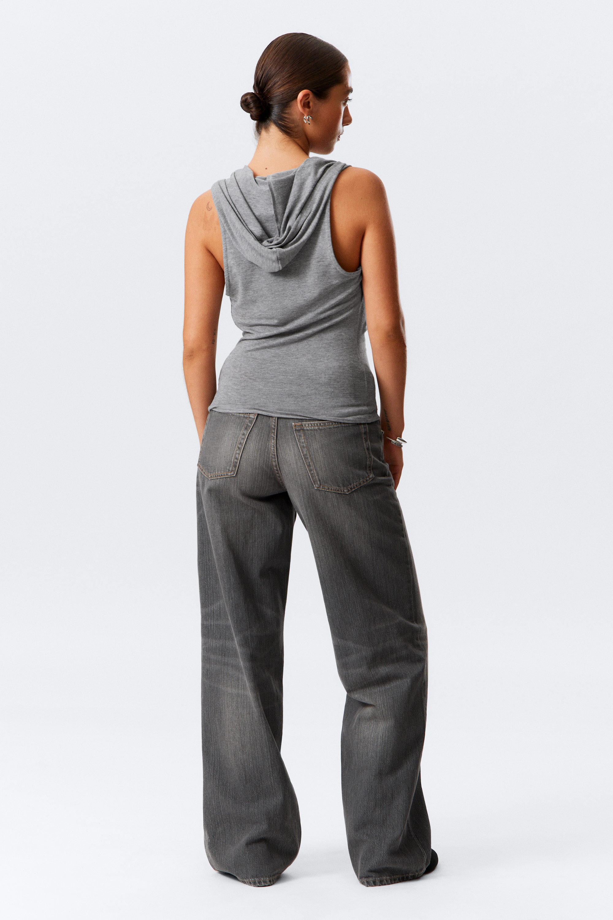 Grey Melange - Draped Hooded Sleeveless Lyocell Top - 4