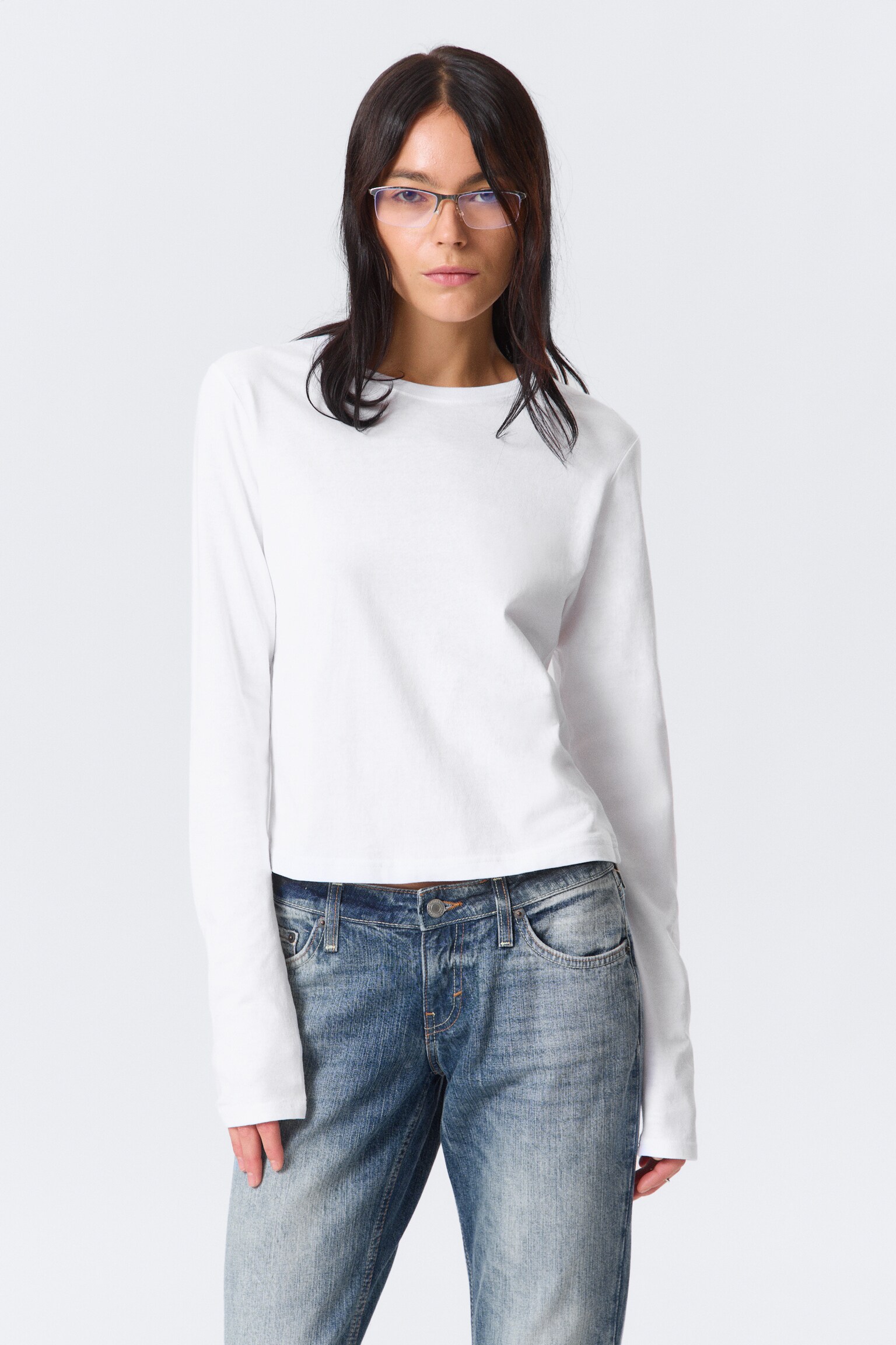 Slim Long-Sleeved Cotton Top - White/Black/Black & Grey Stripes