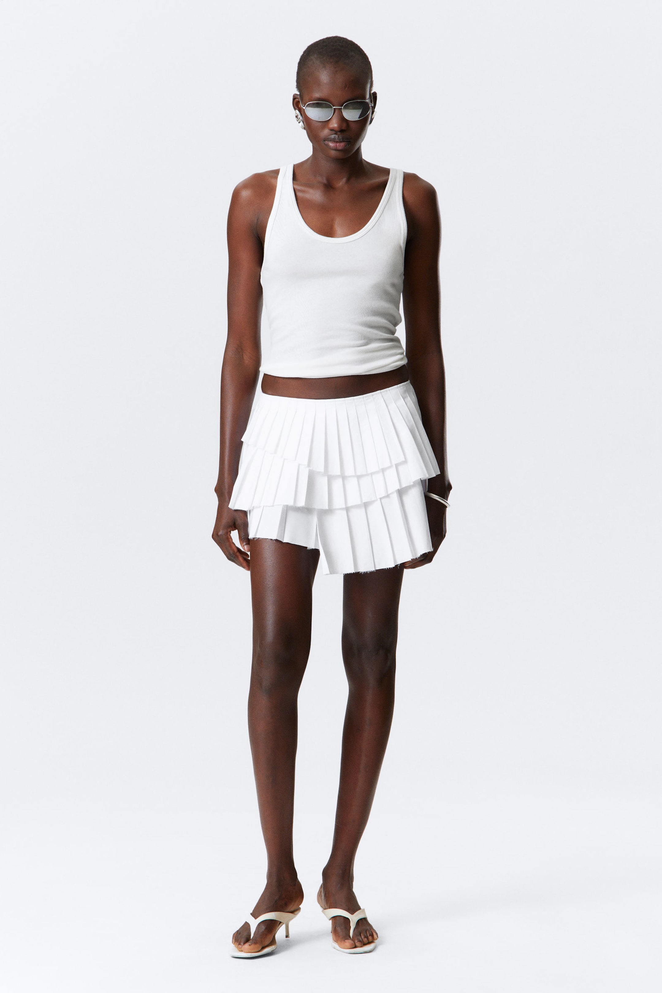 #FFFFFF - Pleated Layered Mini Skirt - 1