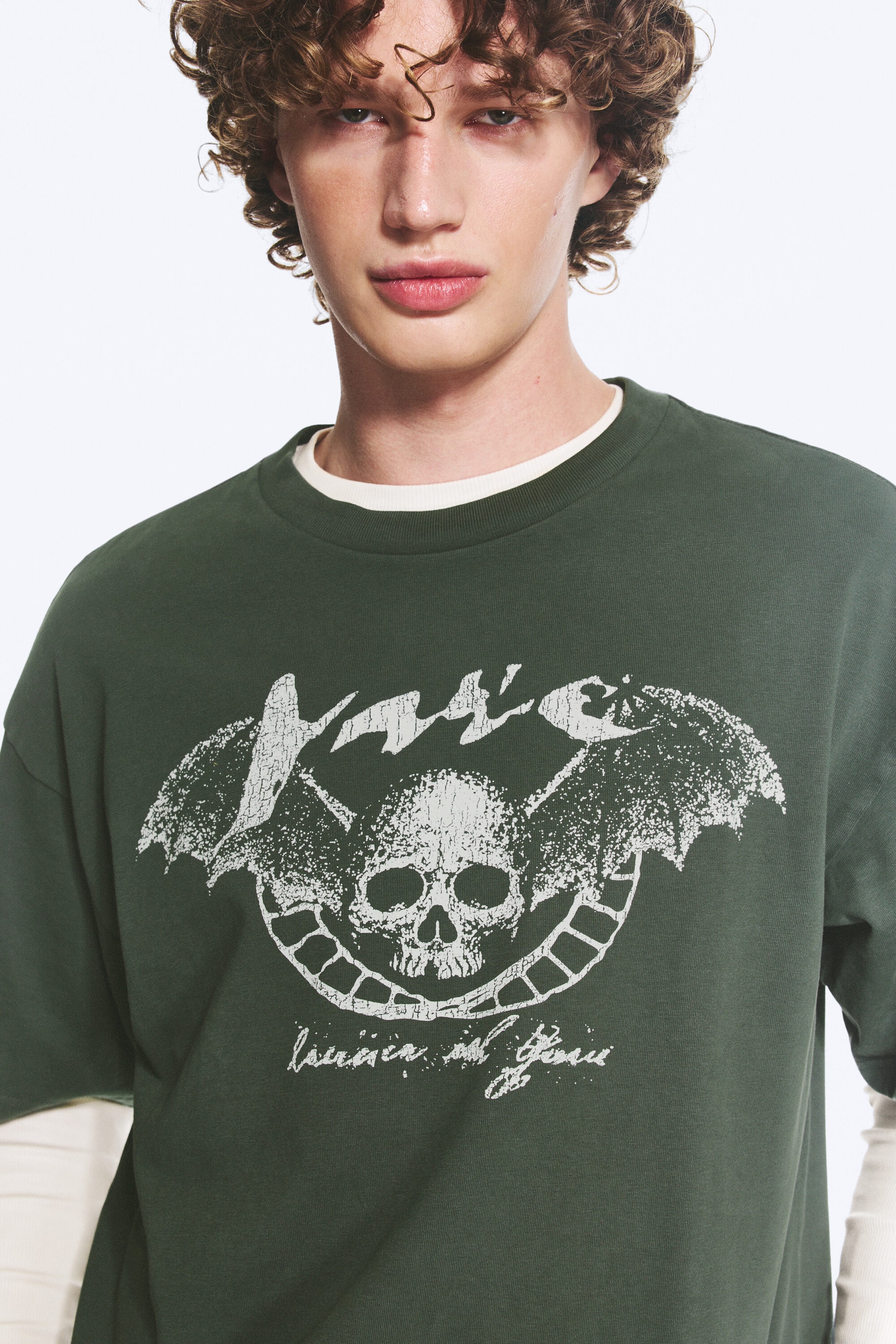 Dark Green - Skull - Boxy Printed Graphic T-shirt - 2