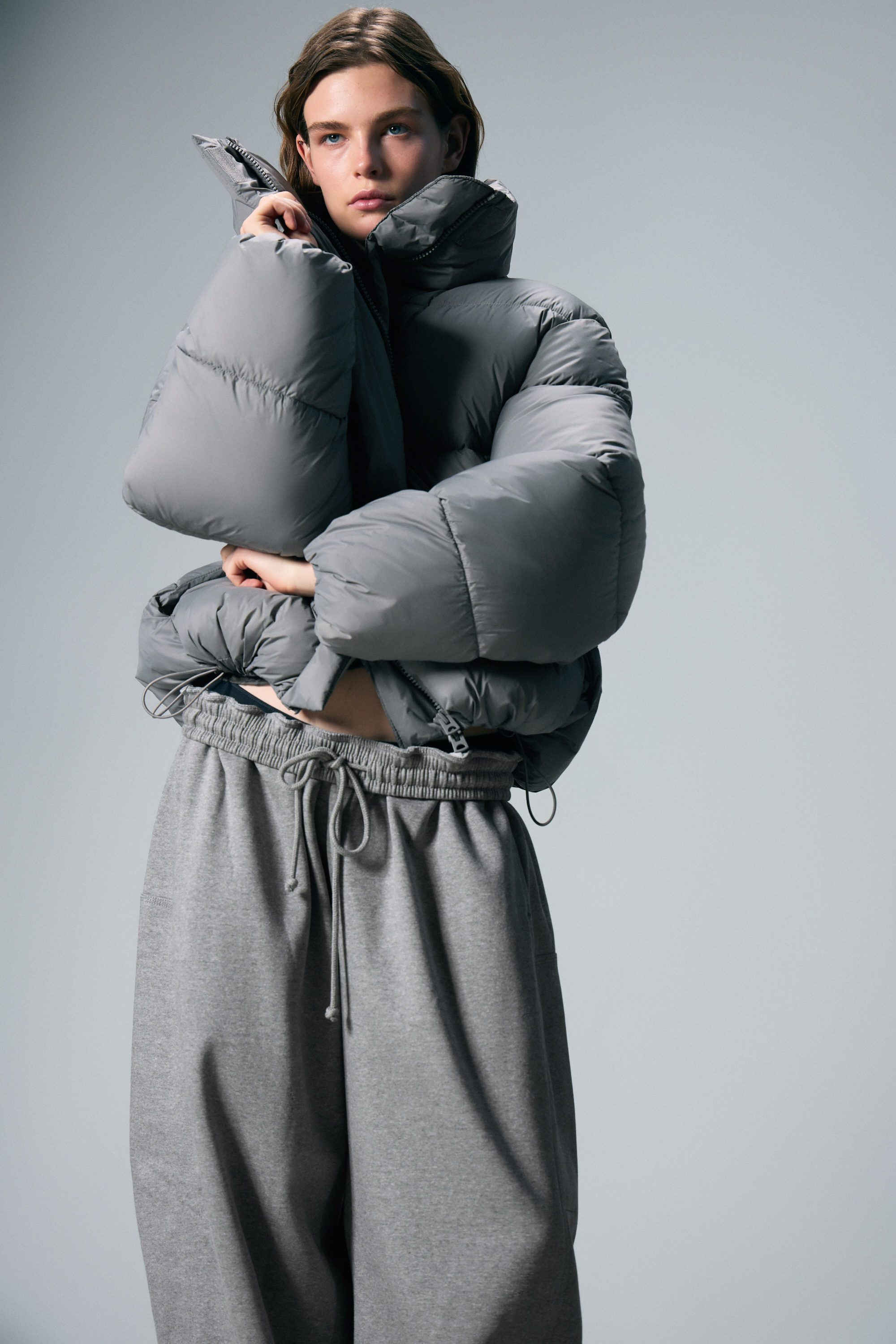 Grey - Short Oversized Puffer Jacket - 1