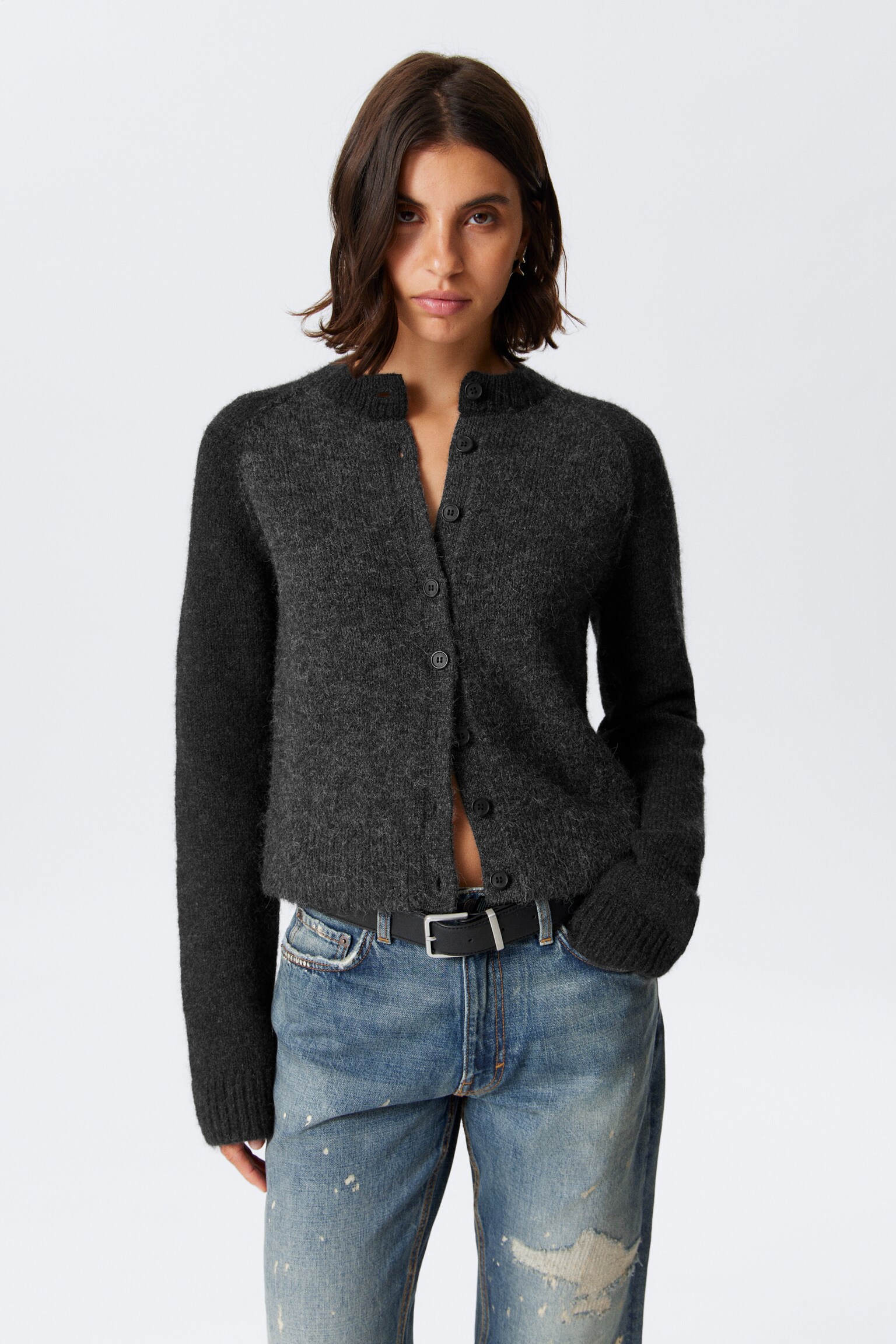 Mjuk smal cardigan i ullmix - Mörkgråmelerad/Mörkgrön/Ljus mullvad - 1