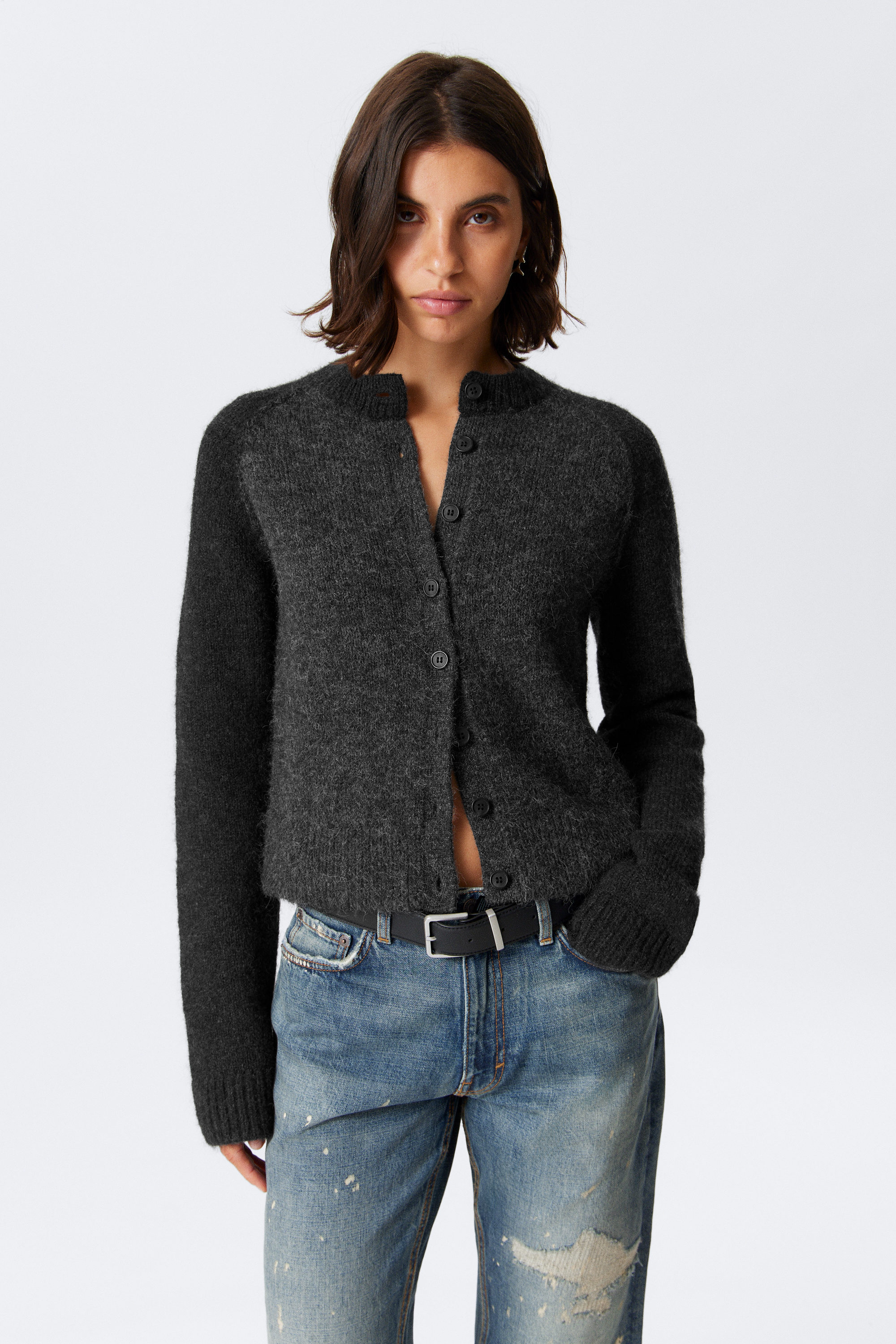 Dunkelgrau meliert - Weicher Cardigan mit schmaler Passform und Knöpfen - 1