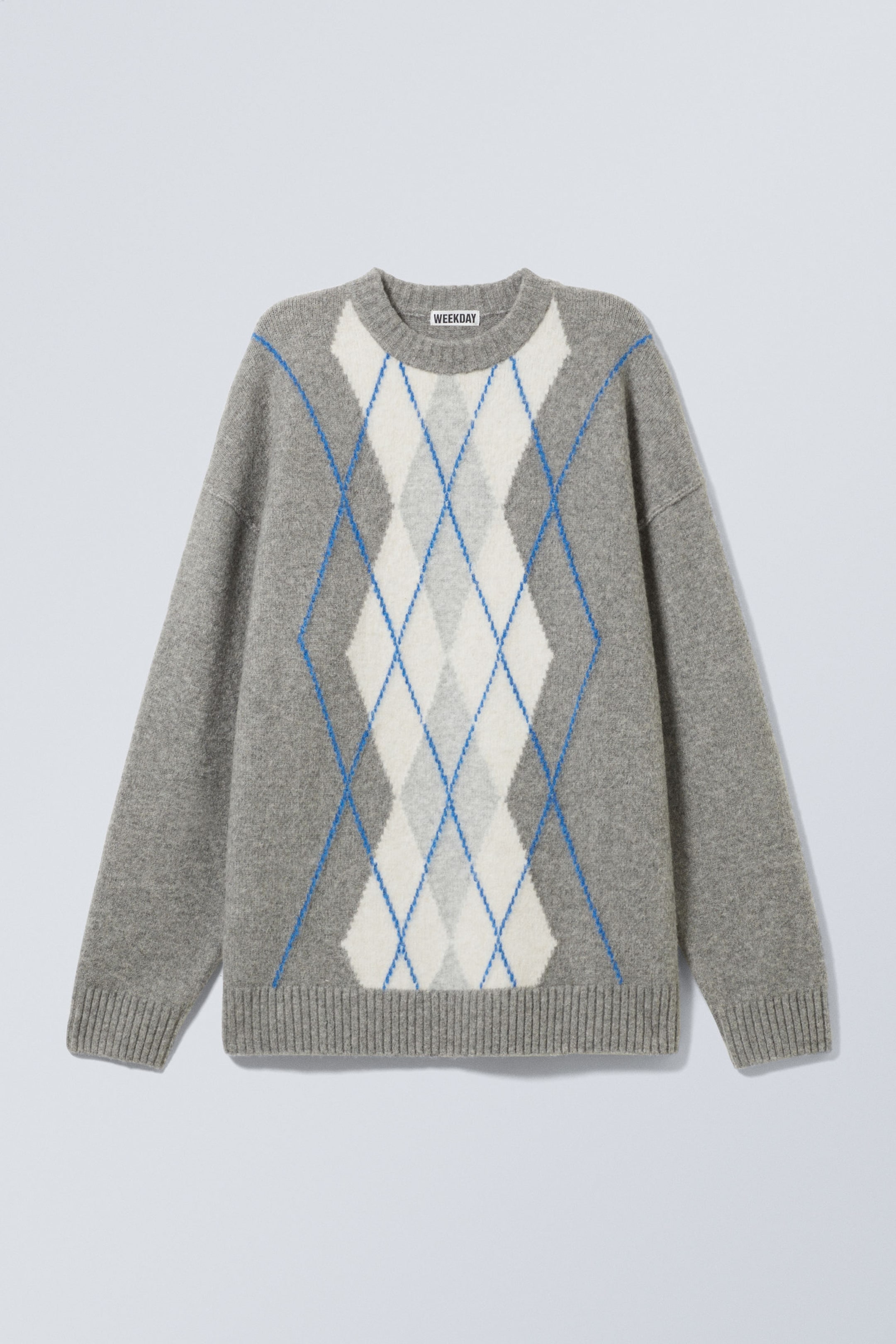 Grey - Oversized Argyle Knitted Sweater - 0