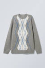 Grey - Oversized Argyle Knitted Sweater - 0