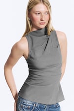 Dusty Grey Pinstripe - Asymmetric Sleeveless Suiting Top - 2