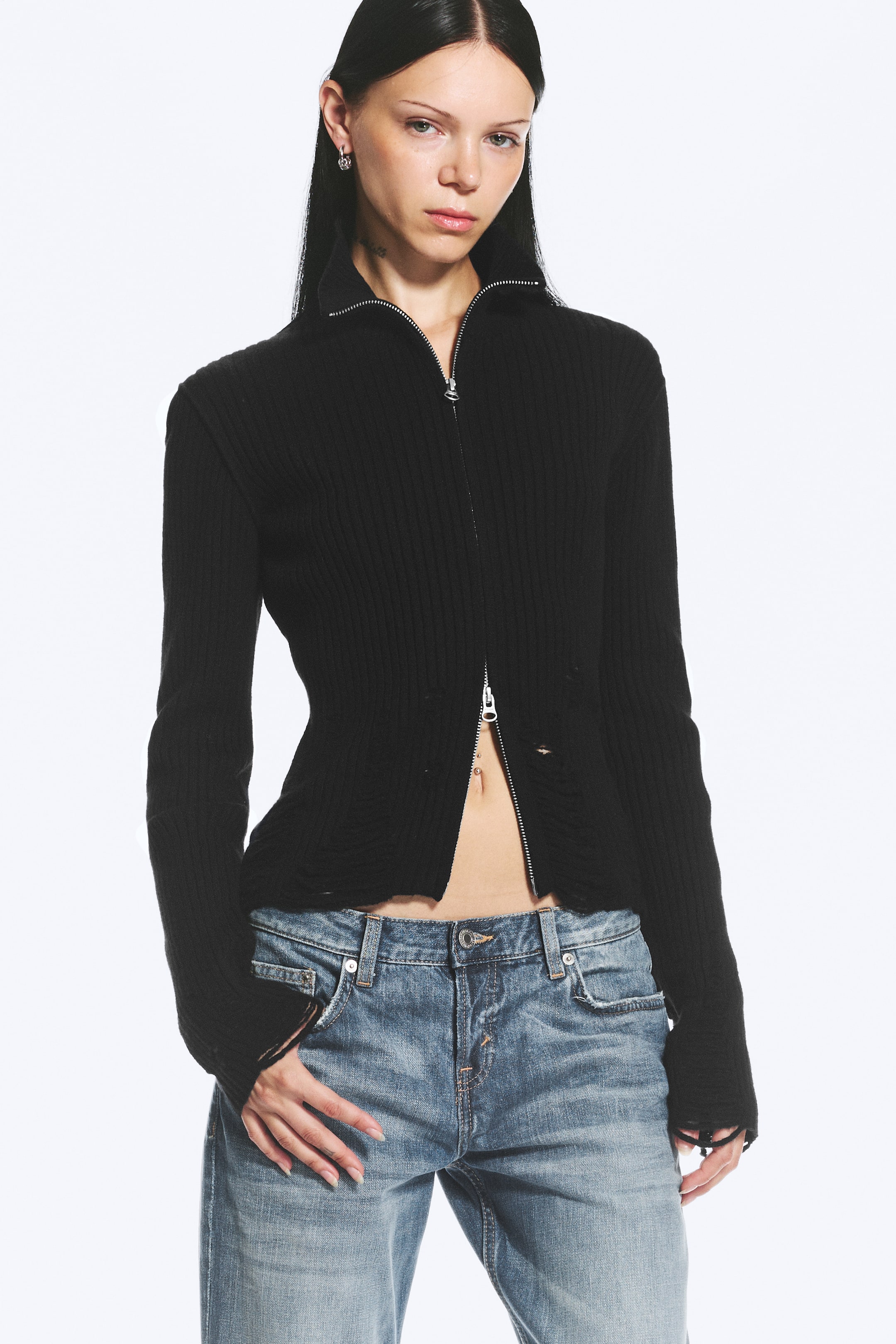 Agrandir l'image: Cardigan effet usé à fermeture éclair bidirectionnelle - Noir - FEMME | H&M FR 1