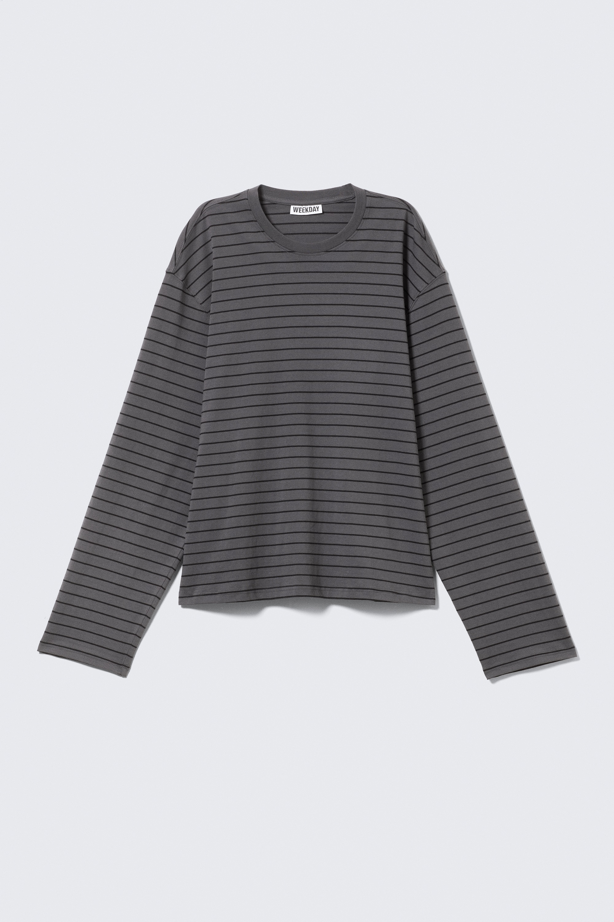 Langærmet boxy T-shirt i bomuld - Stribet mørkegrå/Stribet sort/Sort/Hvid