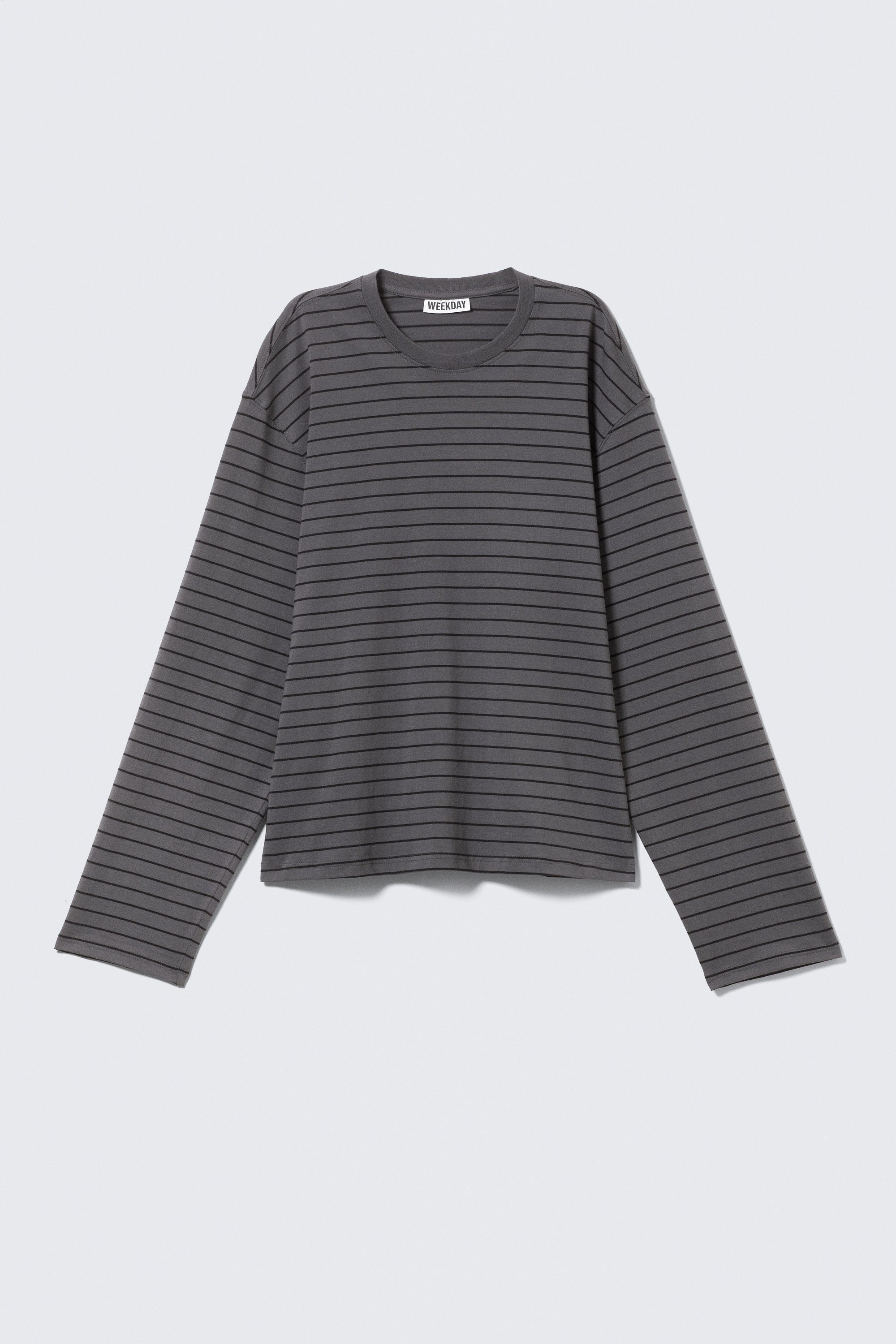 Striped Dark Grey - Long-Sleeved Boxy Cotton T-shirt - 1