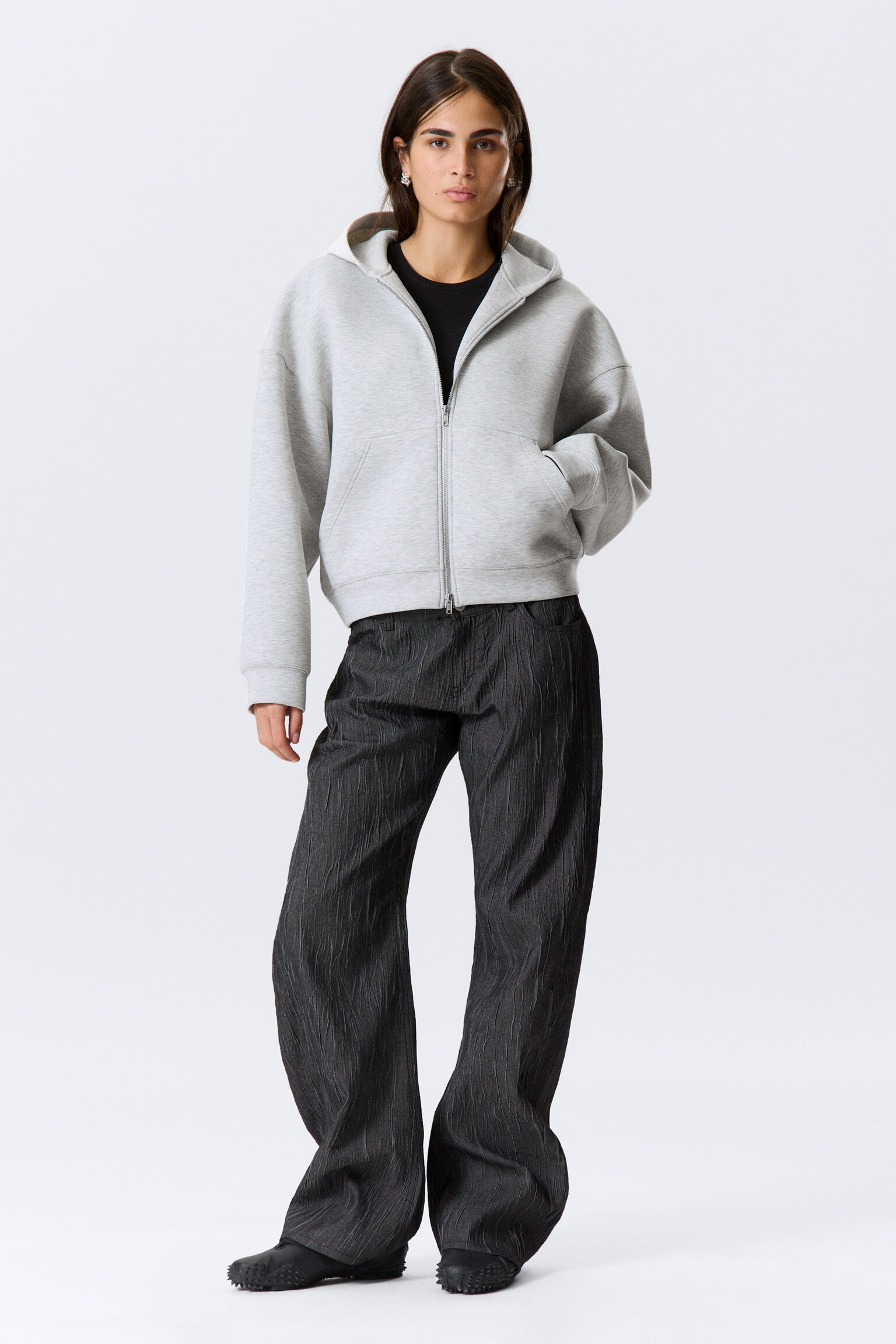 Oversized Scuba-Zip-Hoodie - Grau meliert/Dunkelbraun/Dunkelgrau/Schwarz