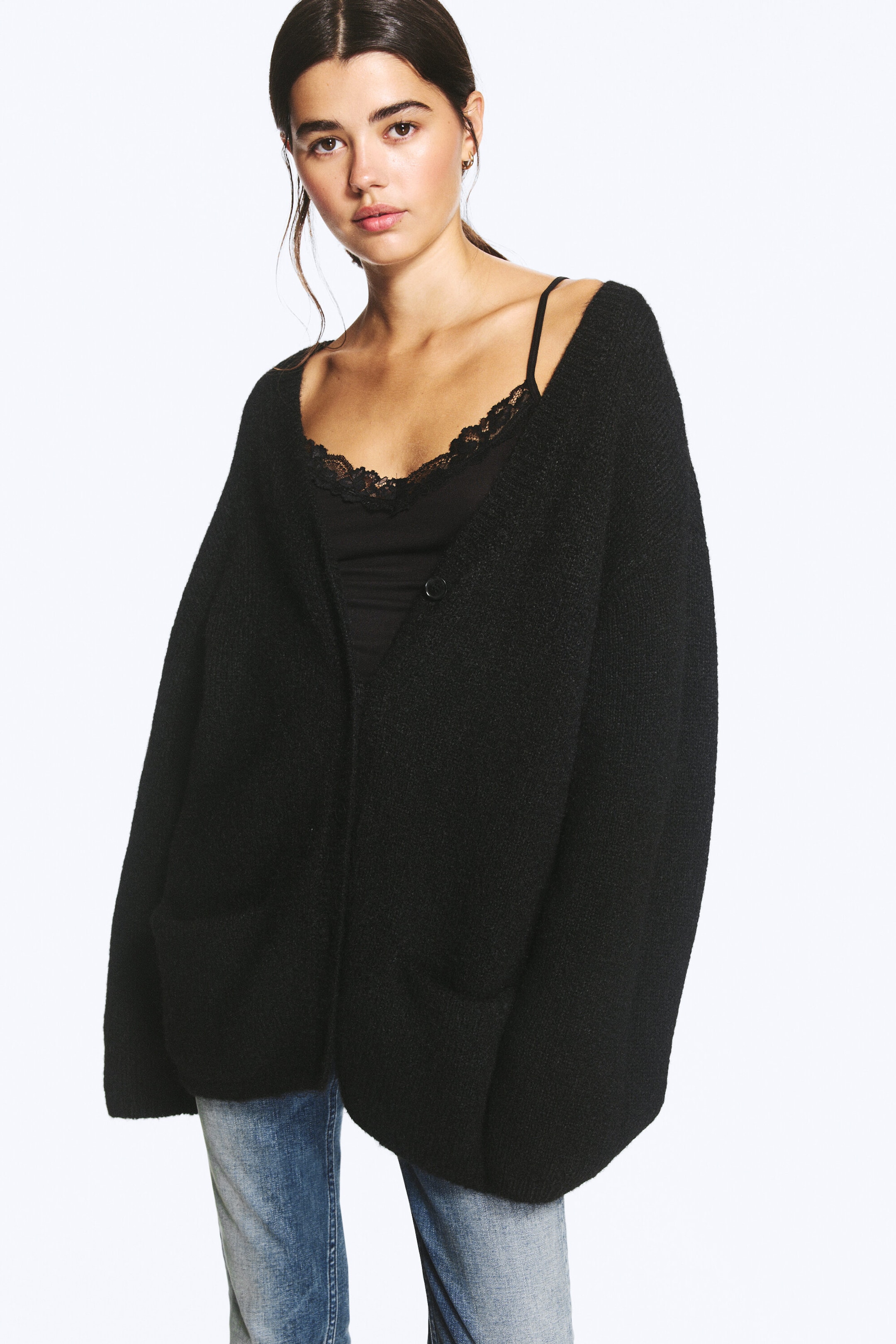 Black - Oversized V-neck Cardigan - 1
