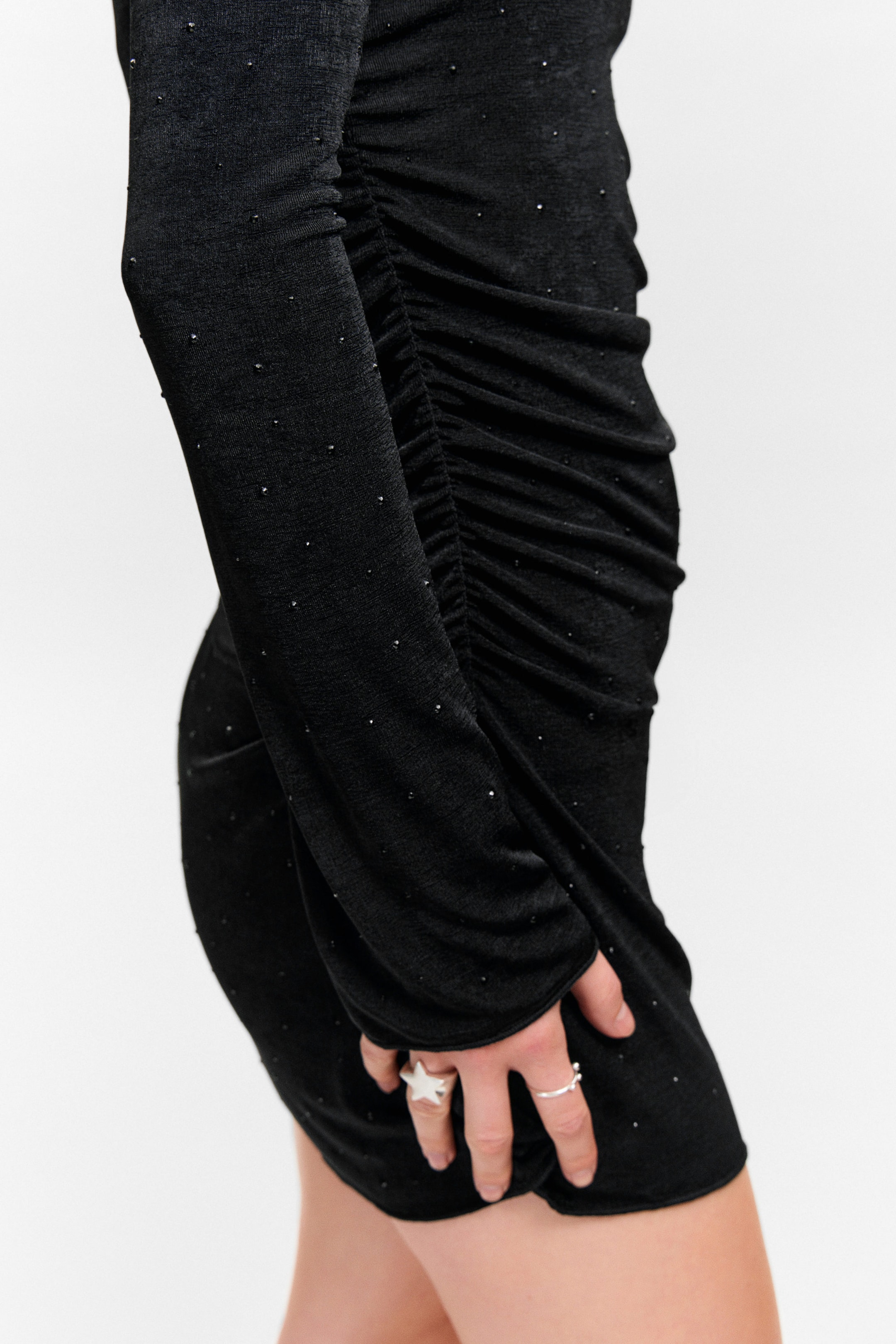 Black - Rhinestones - Gathered Long-Sleeved Boat-Neck Mini Dress - 2