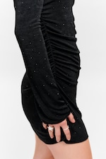 Black - Rhinestones - Gathered Long-Sleeved Boat-Neck Mini Dress - 2
