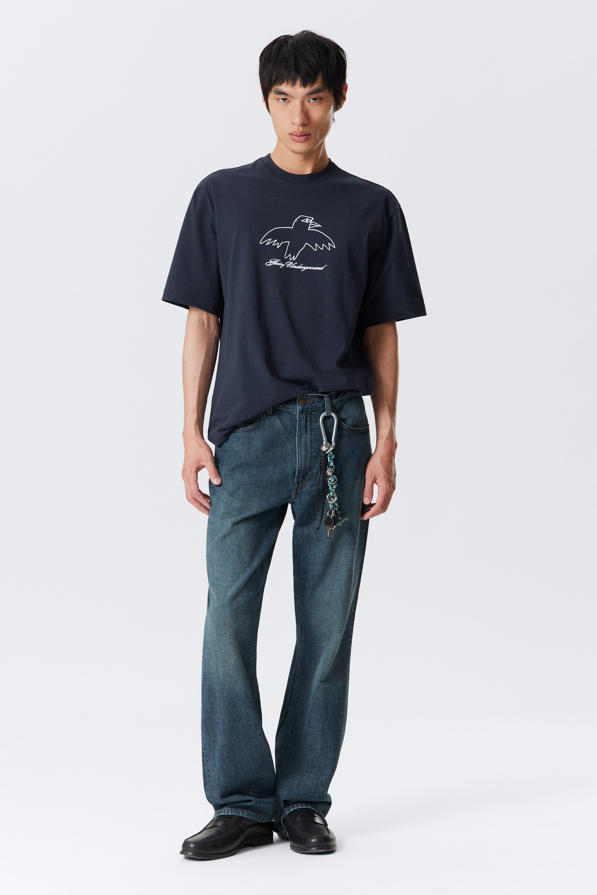 Dark Blue - Underground Bird - Relaxed Graphic Printed T-shirt - 2