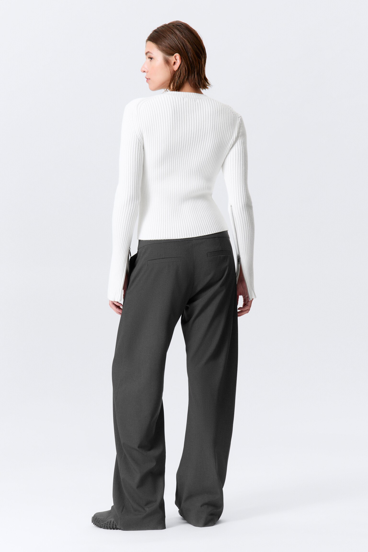 Рипсено вталено жилетка с цип - Бял/Тъмно лилаво/Black - 4