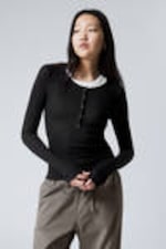 Black - Sheer Rib Long Sleeve Henley Top - 0