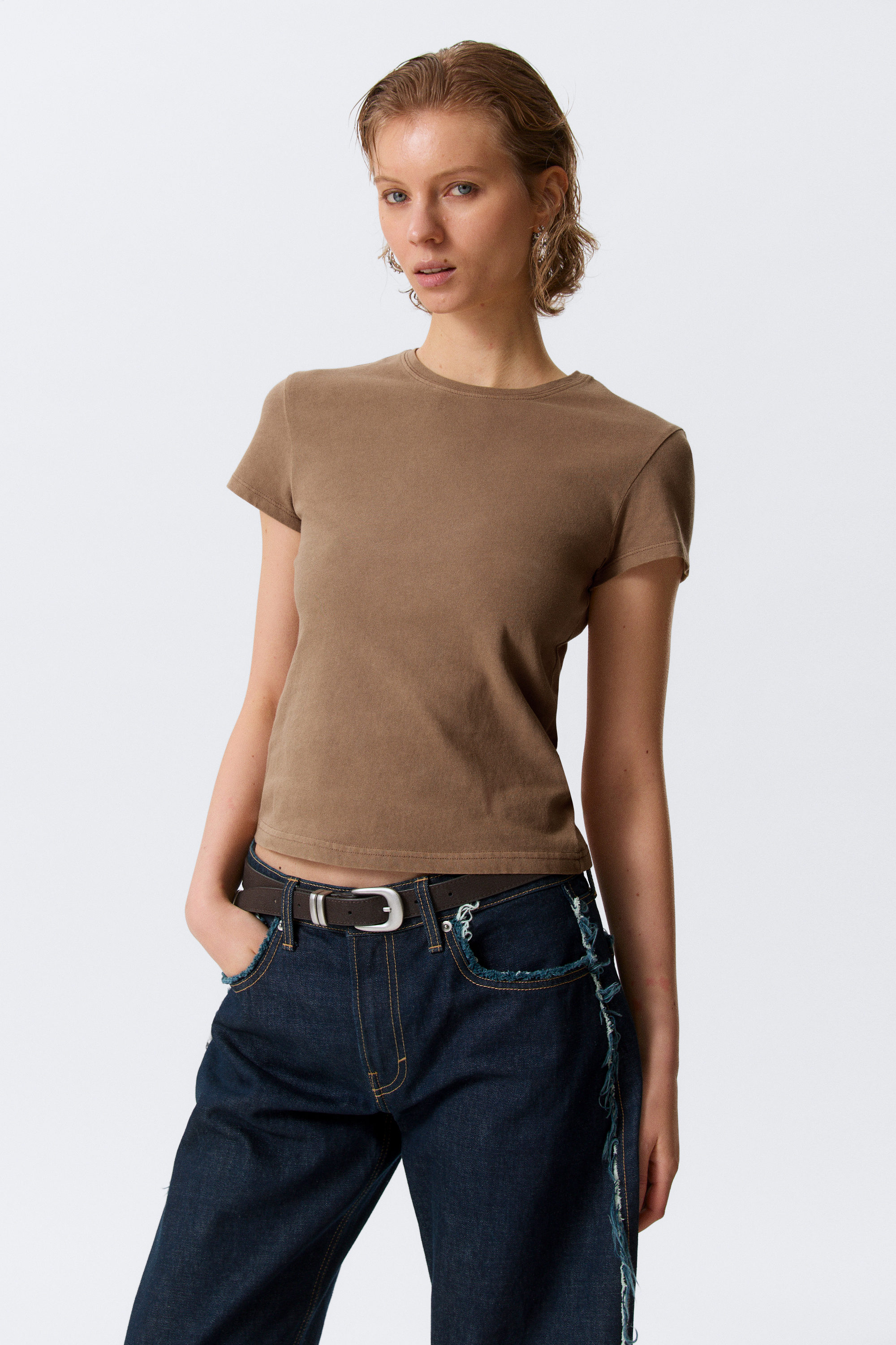 Washed Dark Beige - Slim Short-Sleeved Cotton T-shirt - 1