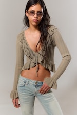 Dusty Khaki Green - YULIA B FRILLED KNITTED V-NECK CARDIGAN - 0