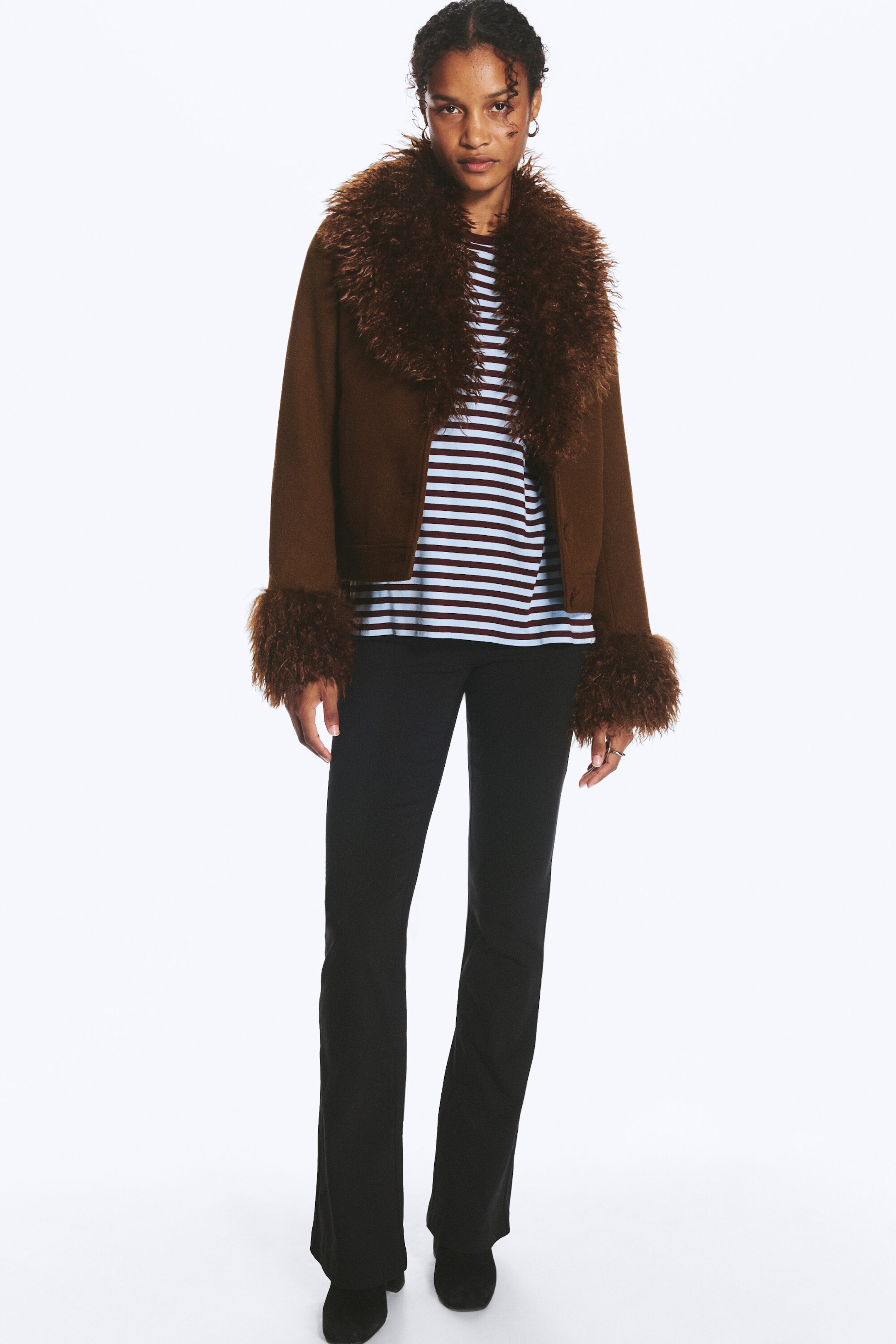Dark Brown - Cropped Faux Fur Trim Jacket - 1
