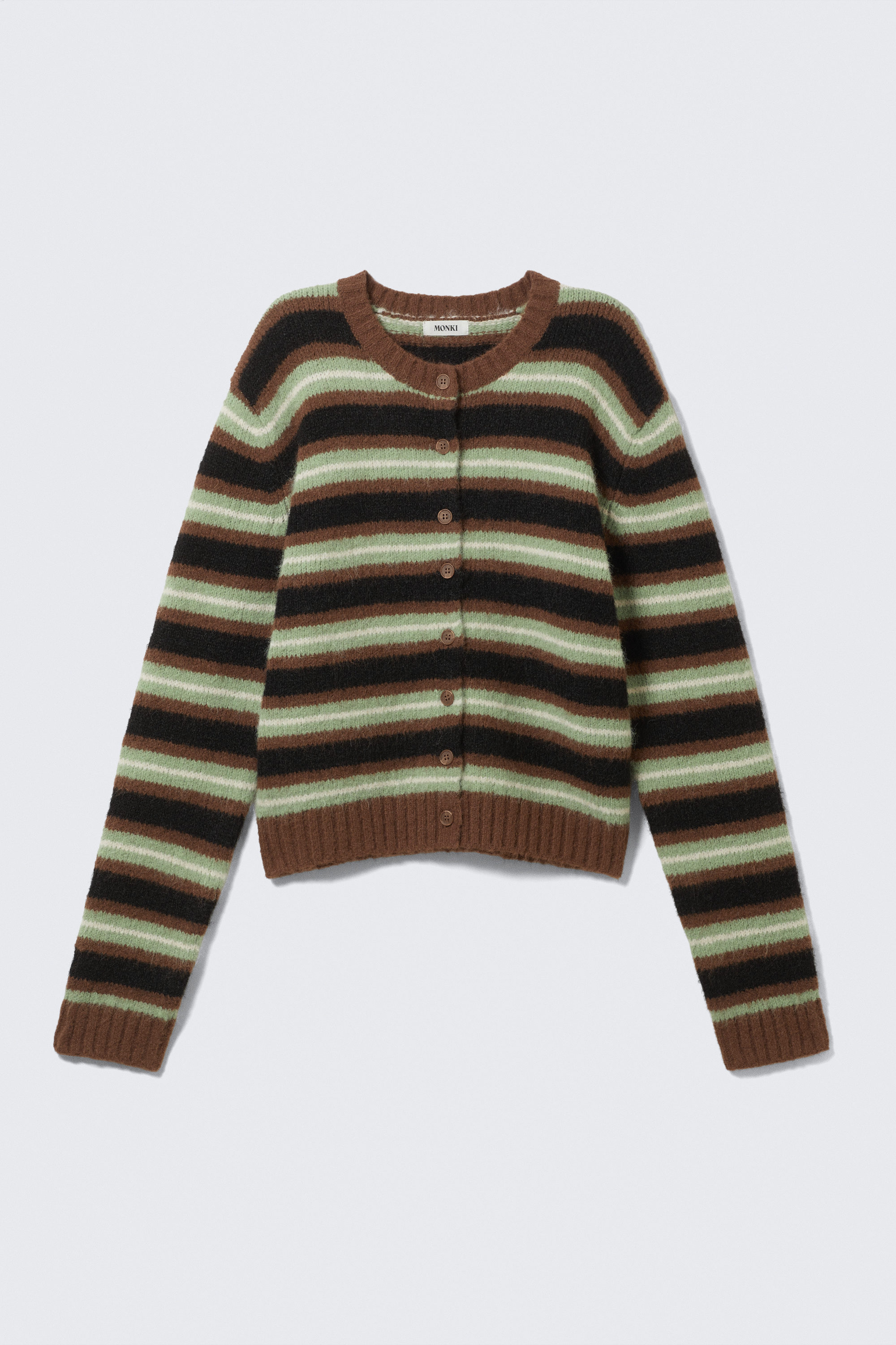 Brown/Black/Green Stripes - Brushed Knit Buttoned Cardigan - 3