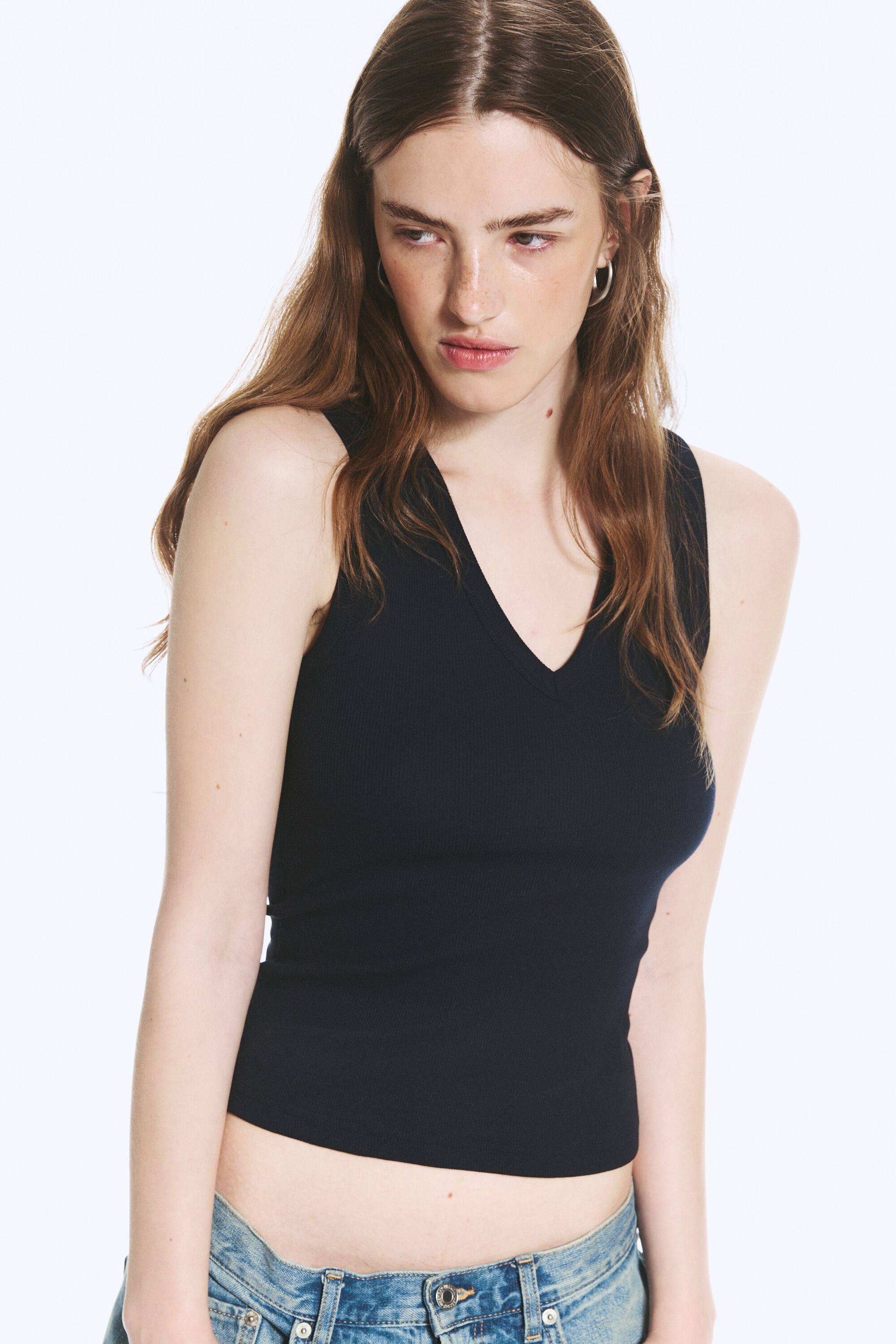 Dark Blue - Ribbed V-neck Tank Top - 0