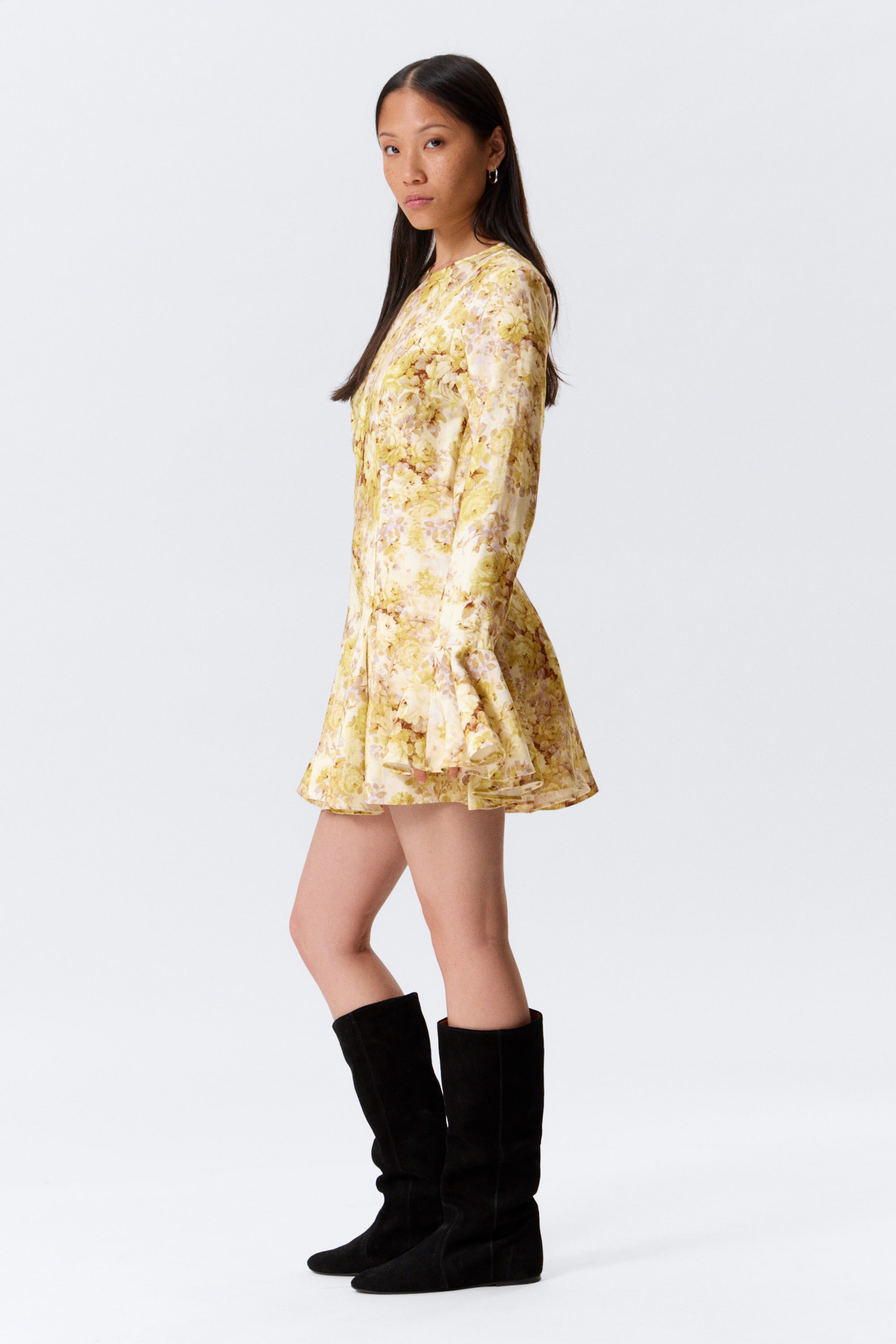 Yellow Floral Print - Slim Long-Sleeved Mini Flounce Dress - 2