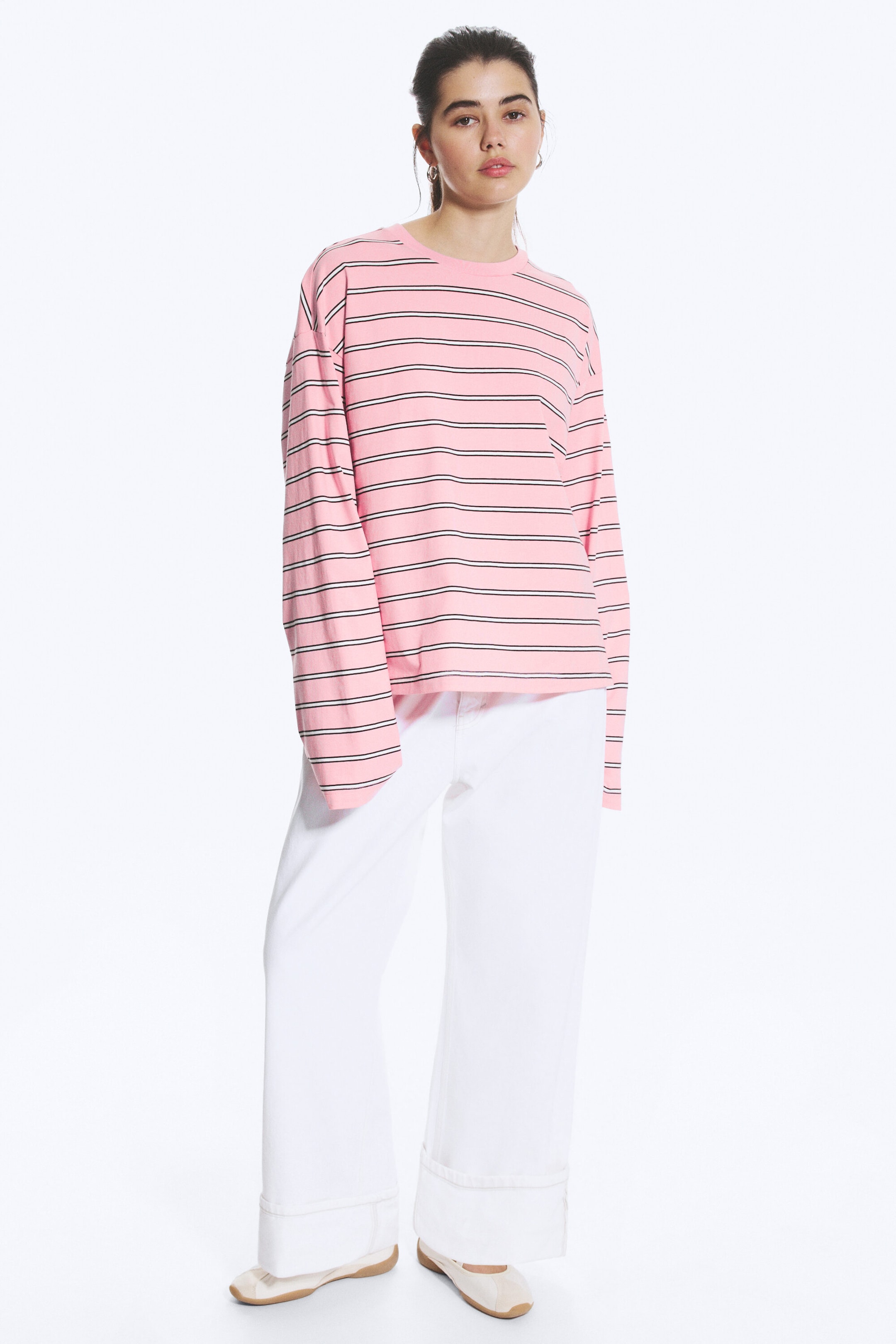 Striped Pink/White/Brown - Long-Sleeved Cotton T-shirt - 1