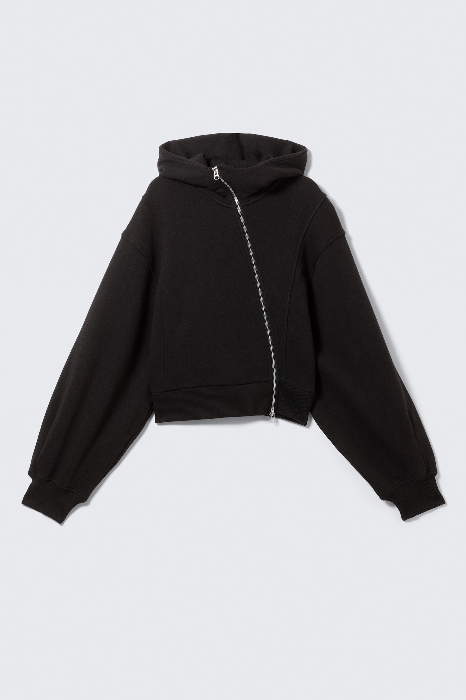Cropped Asymmetric Zip Hoodie - Black/Washed Dark Beige - 2
