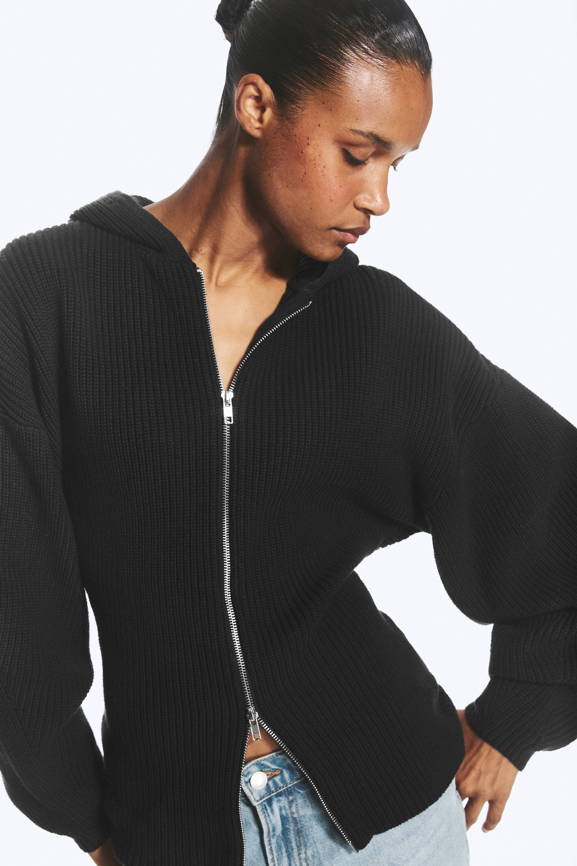 long knitted zip hoodie - Black | Monki EU